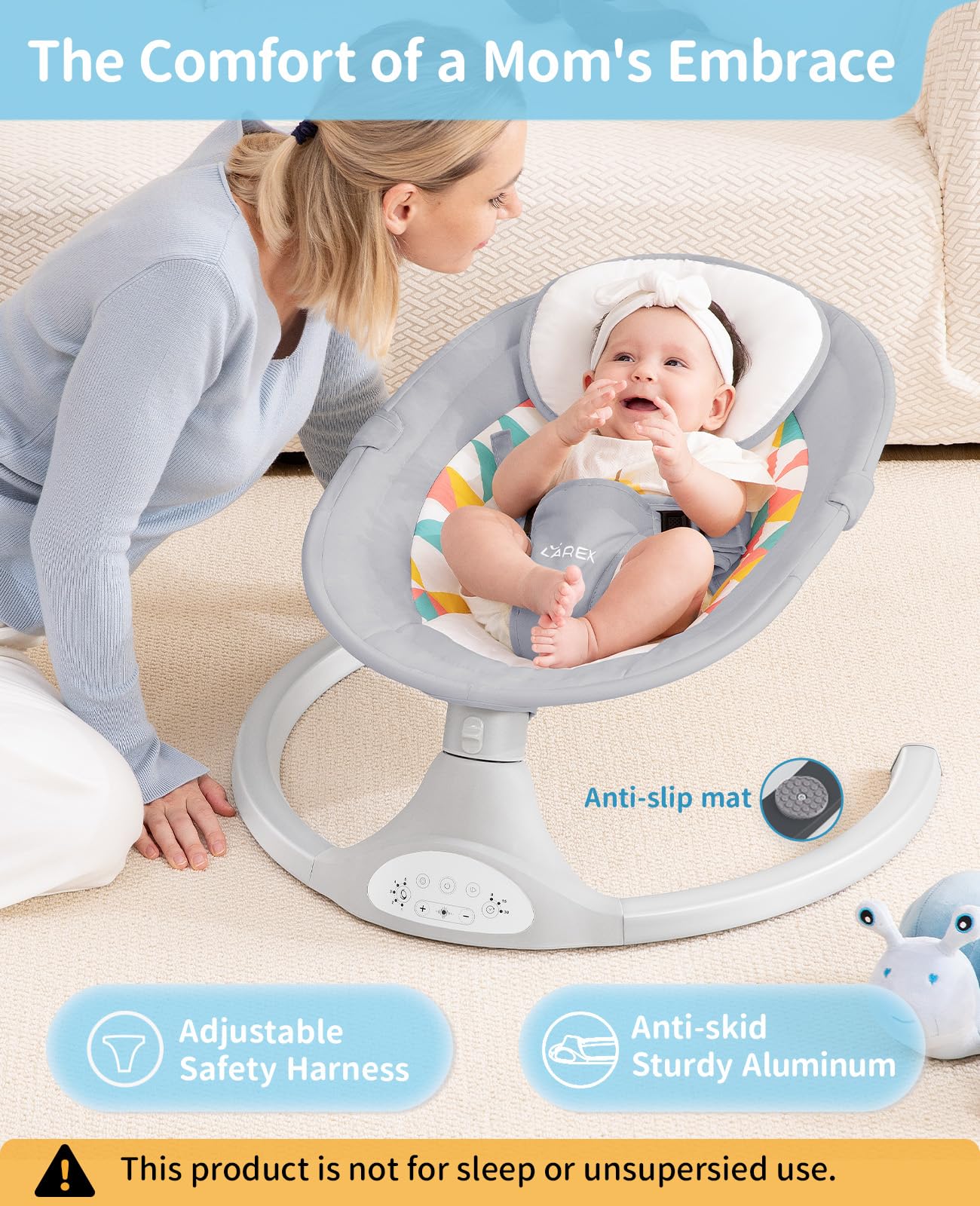 LAREX Baby Swings Electric Baby Swing Bluetooth Infant Swing Portable Rocker with 5 Speeds, 1 Seat Position, Remote Control, Grey