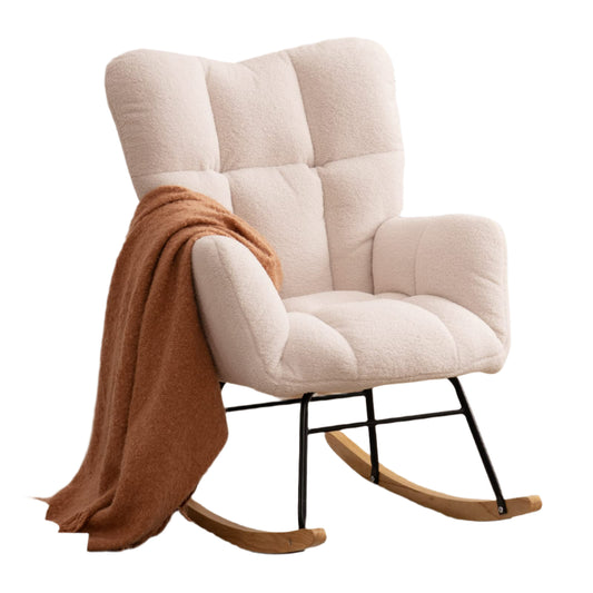 NIOIIKIT Nursery Rocking Chair Teddy Upholstered Glider Rocker Rocking Accent Chair Padded Seat with High Backrest Armchair Comfy Side Chair for Living Room Bedroom Offices (Ivory Teddy)