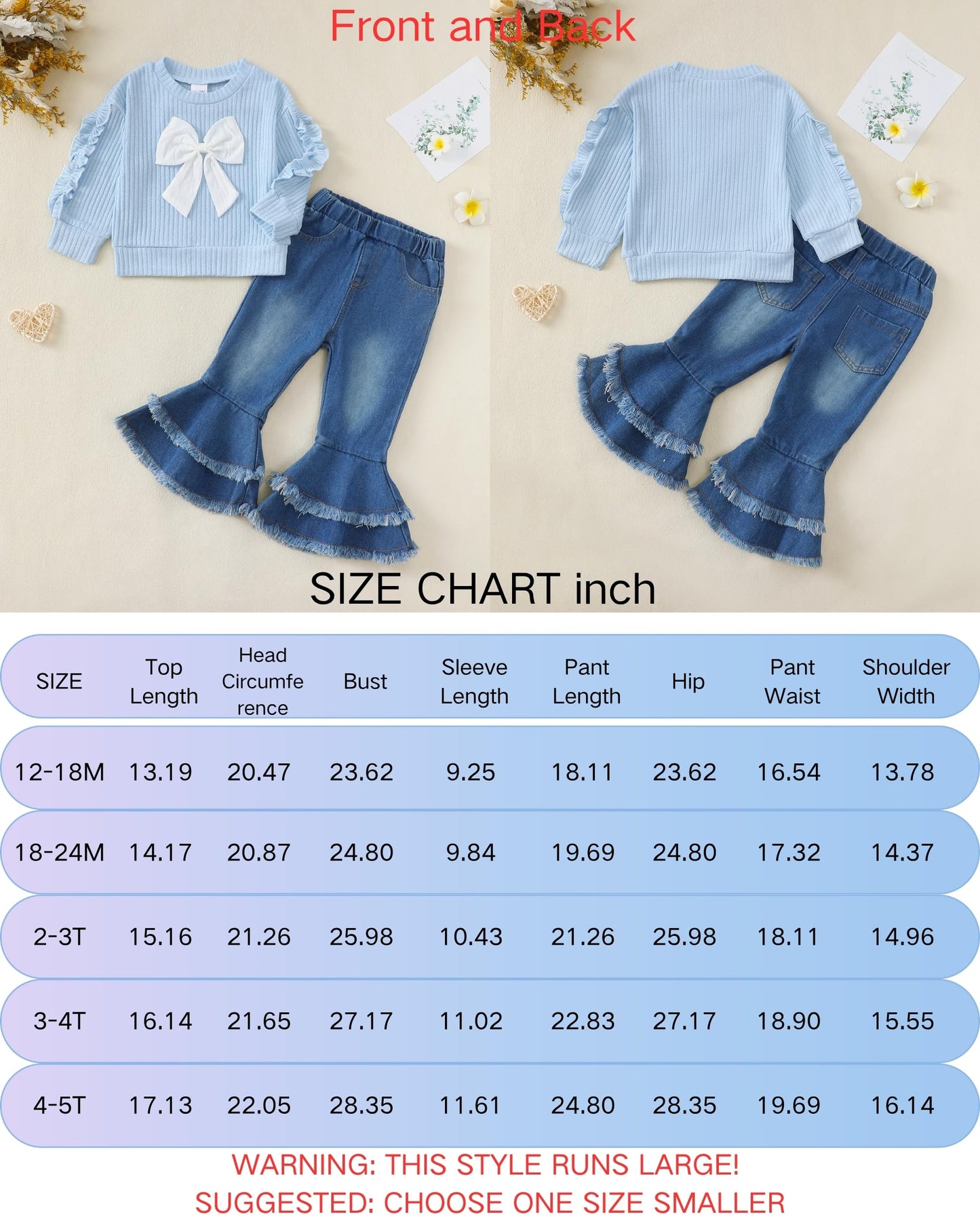 Renotemy Toddler Baby Girl Clothes Fall Winter Outfit, Bow Sweatshirt Denim Bell Bottom Jeans Outfits for 1-5 Year Girls