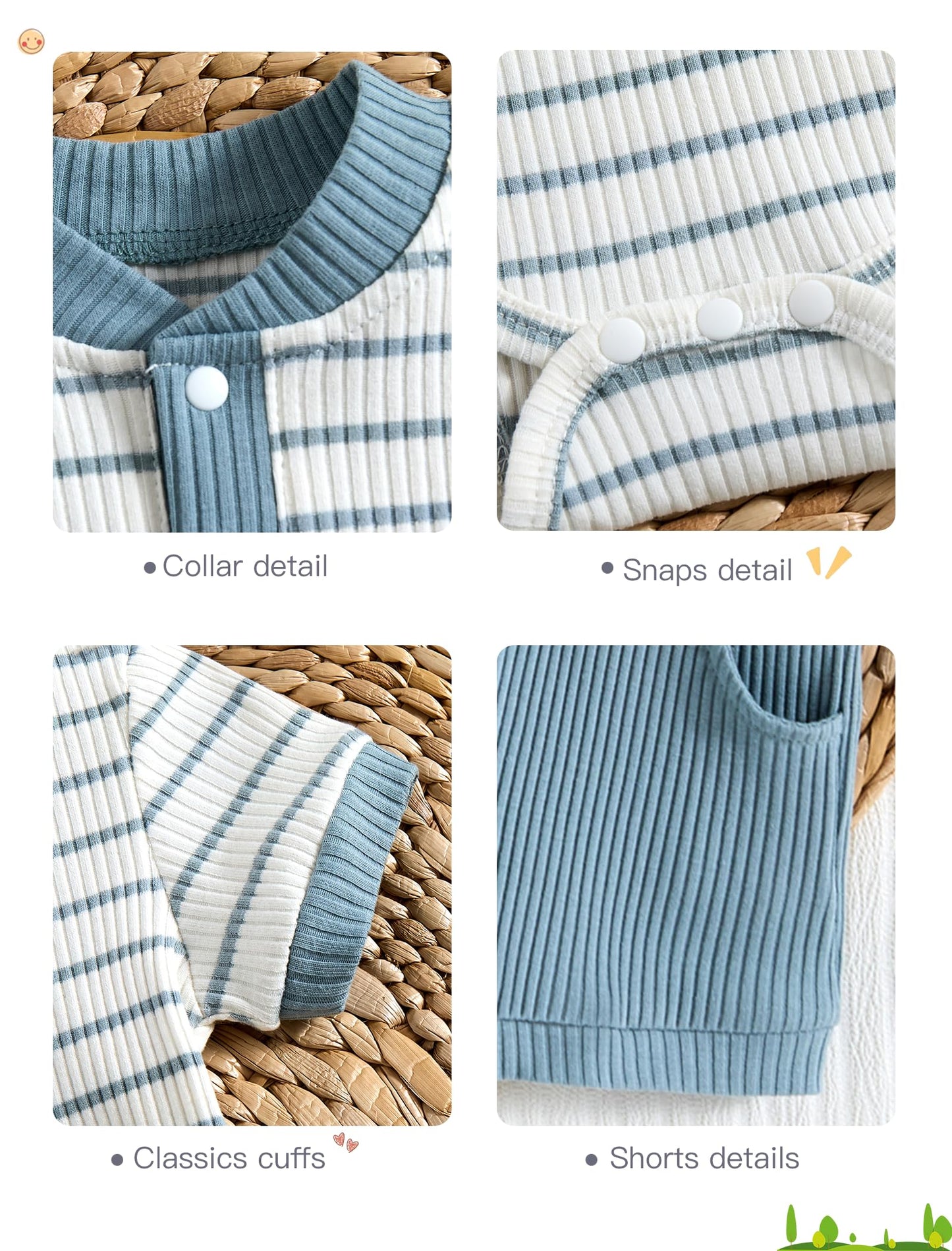 Baby Boy Outfits Ribbed Short Sleeve Striped Romper Top Solid Shorts with Pocket Baby Boy Summer Clothes 0-18M