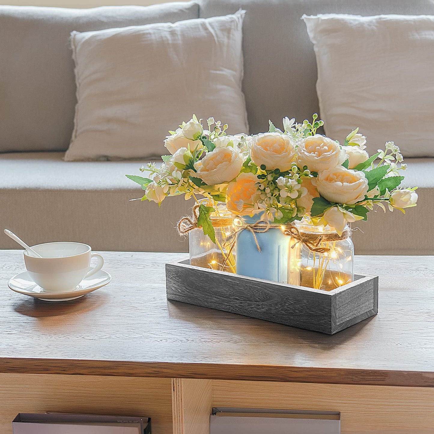 Mkono Mason Jar Lights Centerpiece Table Decor for Dining Room Farmhouse Wood Tray with 3 Jars Flowers Summer Decoration for Coffee Table Kitchen Living Room Wedding