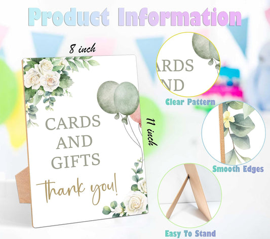 Sage Green Baby Shower Table Sign, Cards and Gifts Sign, Pack of 1 Wooden Tabletop Sign with Stand, Greenery Balloons Baby Shower Supplies, Gender Reveal Party Decorations - RG02