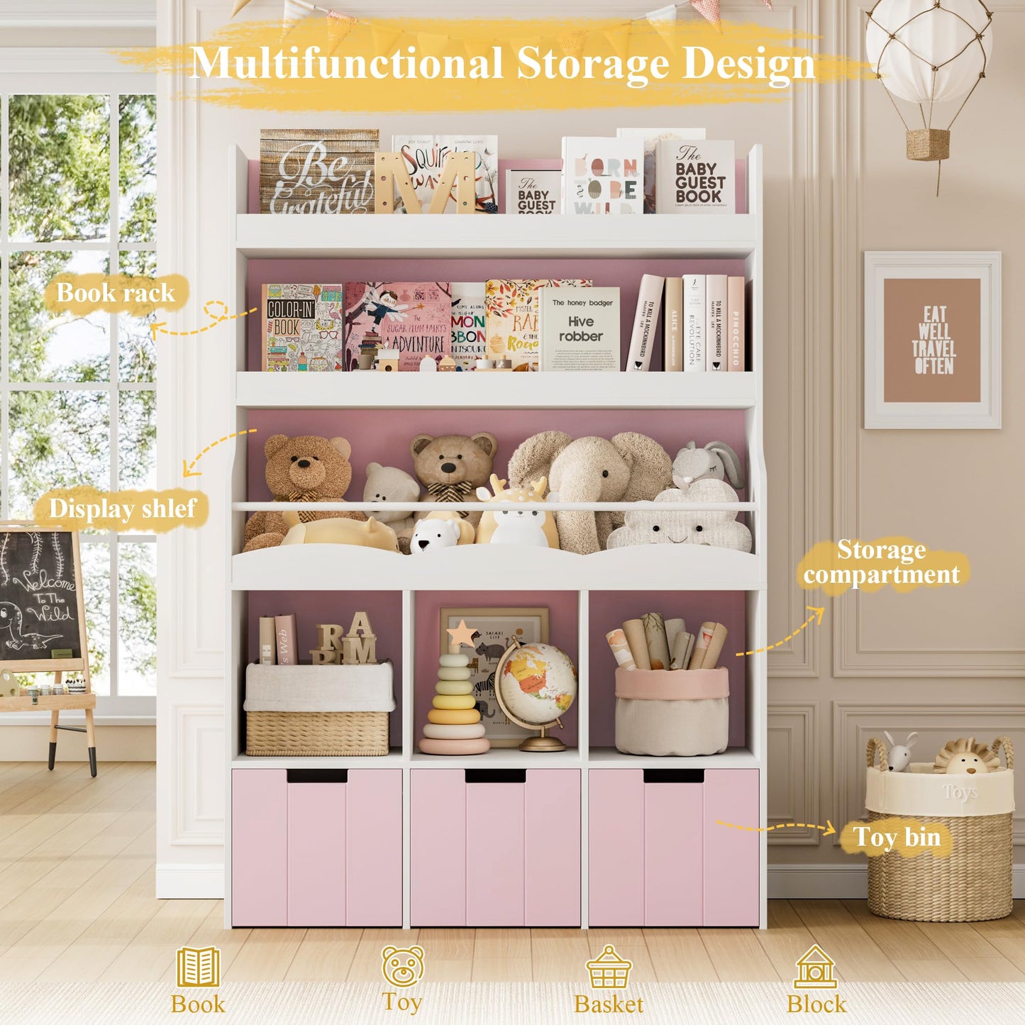 HITHOS 55.3" H Kids Bookshelf with Toy Storage Organizer, Tall Book Shelf with 3 Movable Toy Storage Bins, Large Kids Bookcase with Toy Chest, 39.2" W Modern Toy Box for Kids Room, Playroom, White