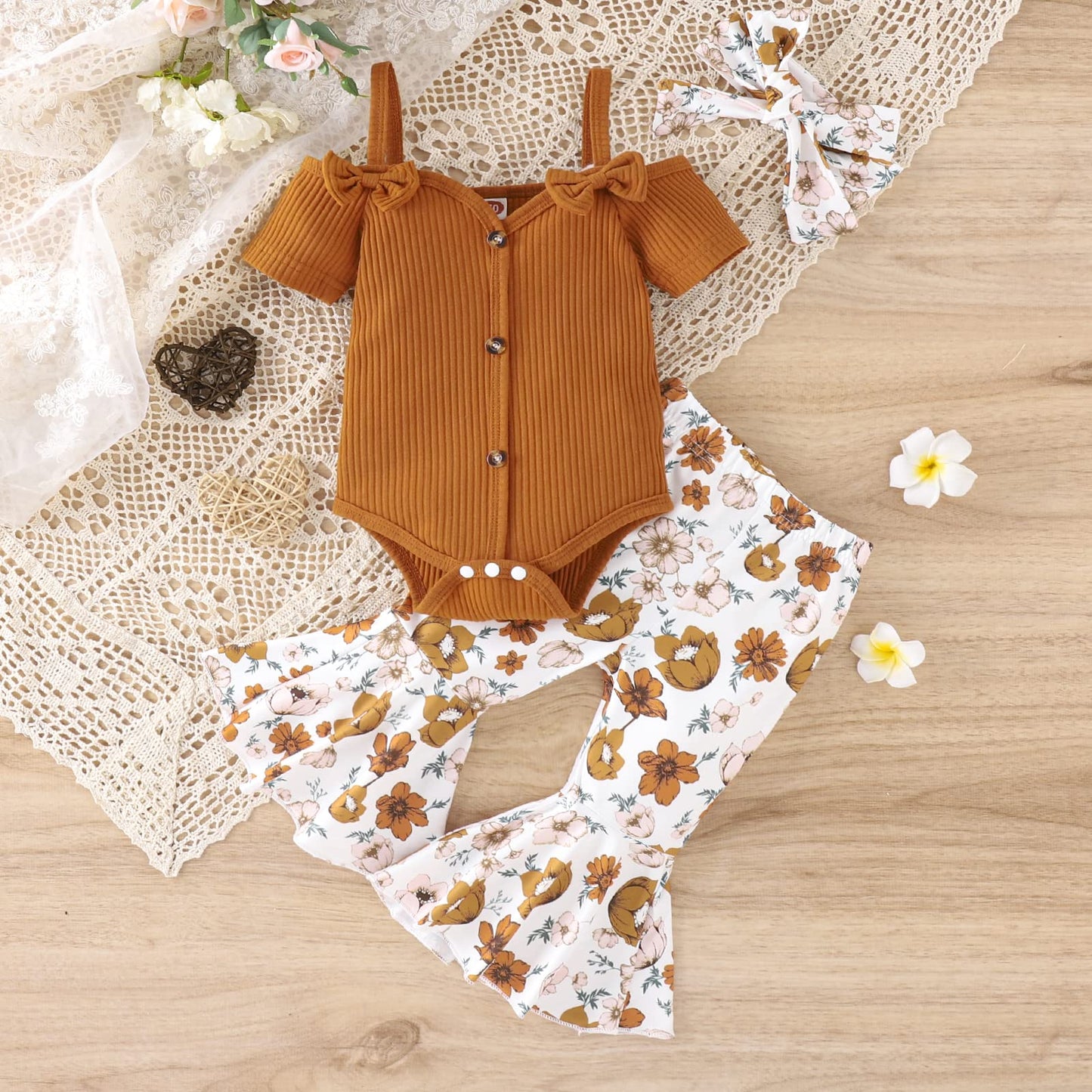 Fernvia Infant Baby Girl Clothes Suspenders Short Sleeve Ribbed Romper Flared Pants Set Headband 3pcs Summer Outfit