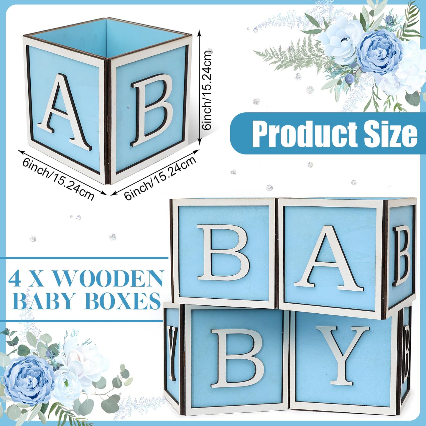 4 Set Baby Shower Centerpieces for Tables - 6 inch Wooden Boxes with Baby Letters Rustic Cube Planter Wood Blocks for Boy Girl Gender Reveal Party Favor (Blue)