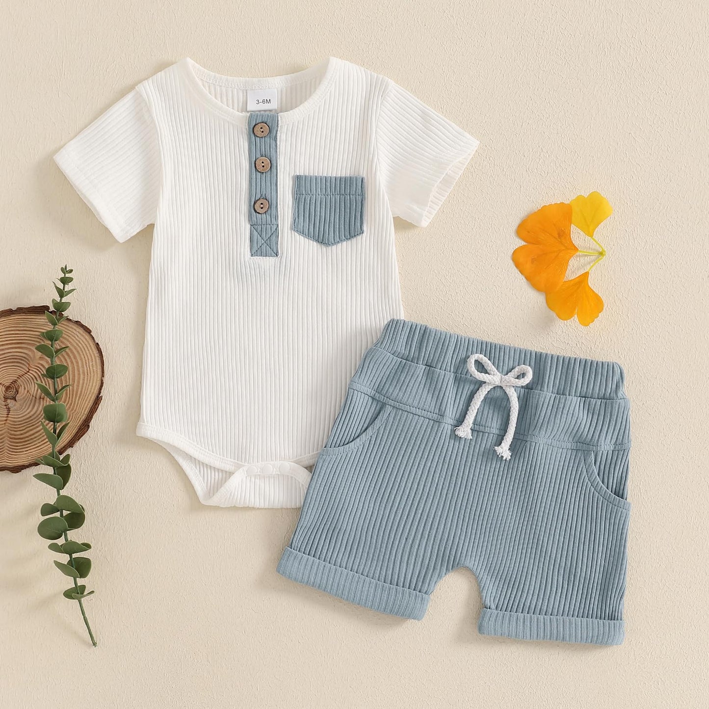 fhutpw Baby Boy Clothes Short Sleeve Romper & Shorts Sets Newborn 3 6 12 Months Summer Knitted Ribbed Splicing Color Outfits