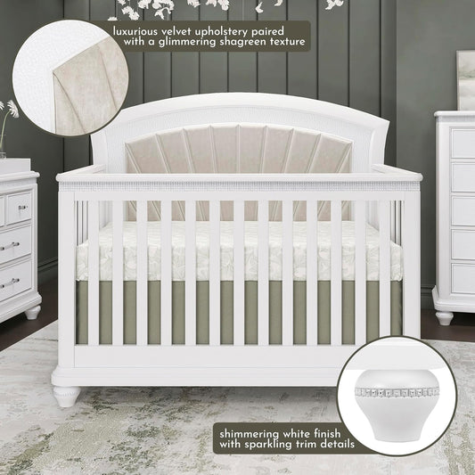Evolur Nova 5-in-1 Convertible Crib in a Shimmering Stardust Finish, Crafted from Solid Wood, Features a Velvety upholstered headboard and Crystal-Like Accents on The Footboard