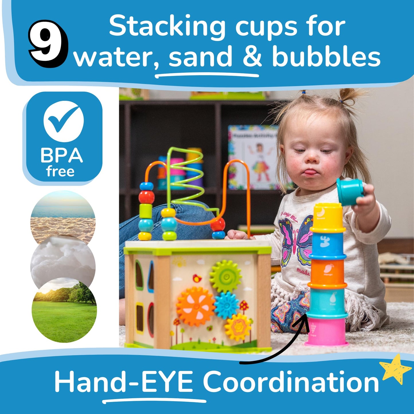 TOYVENTIVE Wooden Activity Cube, Montessori Toys for 1+ Year Old Girl, Multipurpose Educational Sensory Toy for Baby, Toddler, Kid | First Birthday Gift | Bonus First Words Book