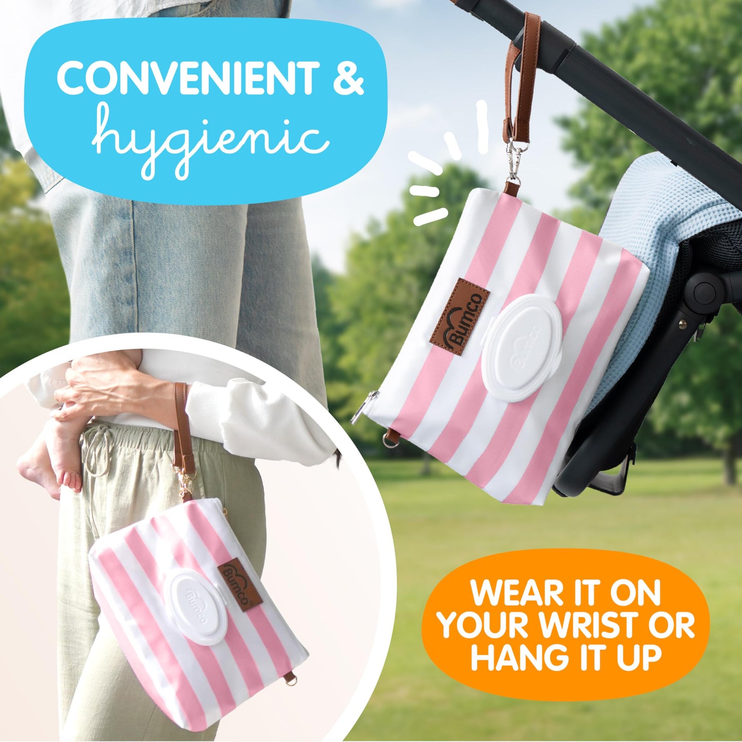 Bumco Diaper Clutch Bag with Refillable Wipes Dispenser - Water Resistant, Lightweight Diaper Pouch with on the go Wipes Dispenser, Portable Baby Wipe Dispenser, (Pink Stripes)