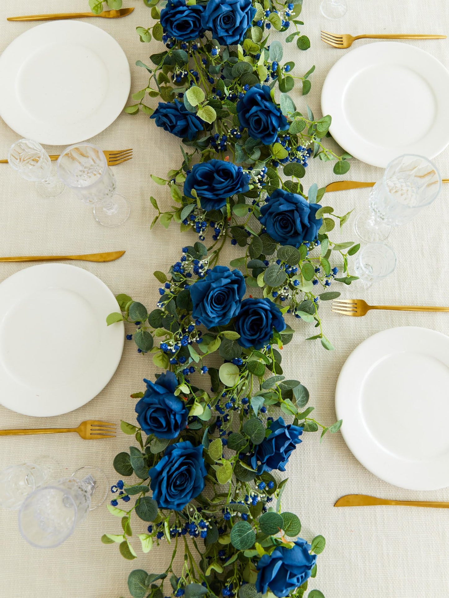 Anna's Whimsy 5.91FT Artificial Eucalyptus Garland with Flowers, Fake Flower Rose Gypsophila, Faux Floral Greenery Garland for Wedding Spring Home Party Craft Art Table Runner Decor