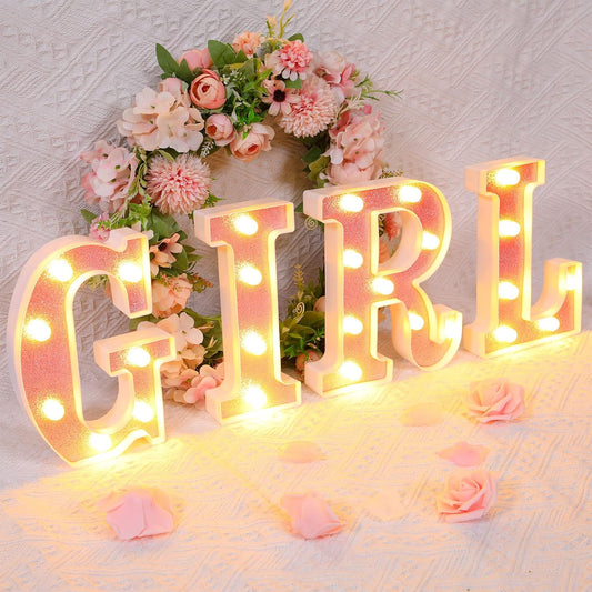 Set of 8 Pink Baby Shower Decoration for Girl Baby LED Letters Party Supplies Light up Letter Battery Operated Letter for Table Centerpieces Wedding Valentines Day Decoration(8.7 Inch)
