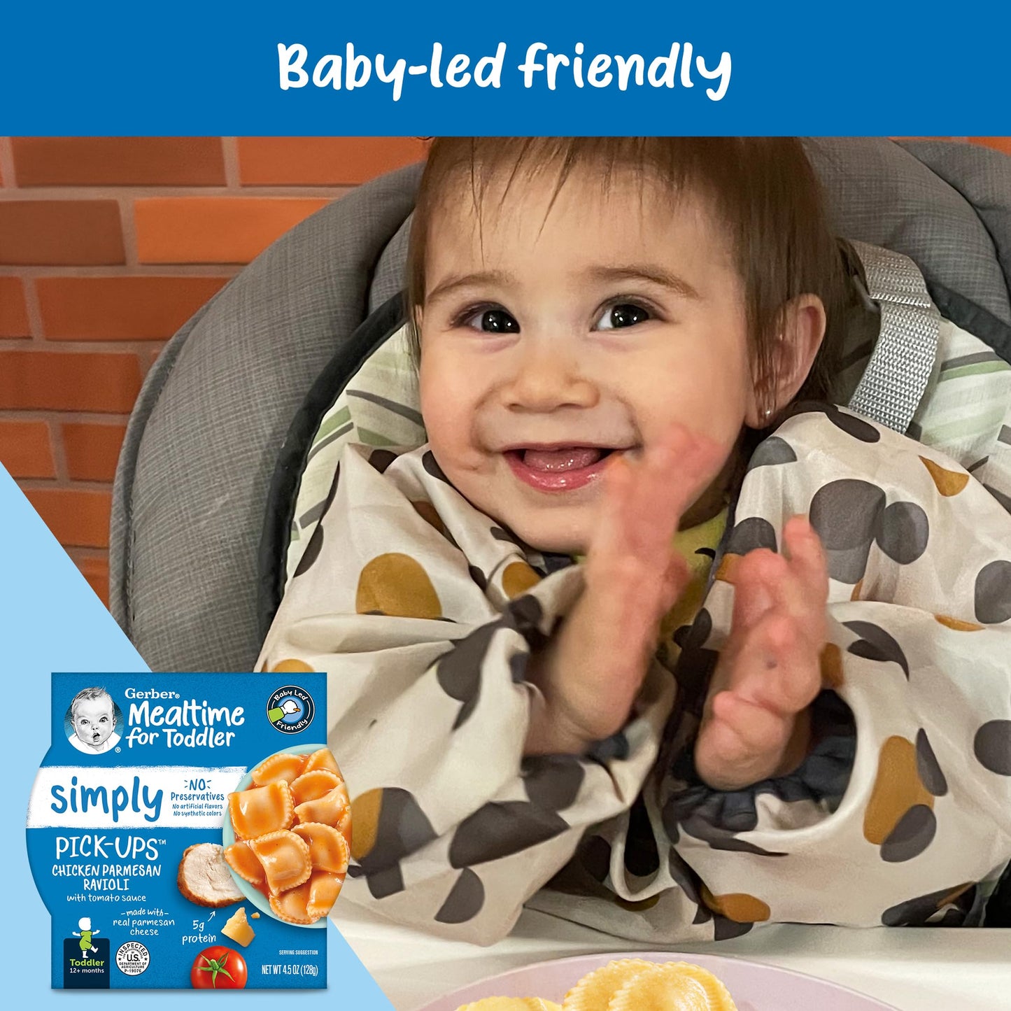 Gerber Pick-Ups Chicken and Parmesan Cheese Ravioli in Tomato Sauce Toddler Meals, 4.5 Oz Tray (Pack of 8)