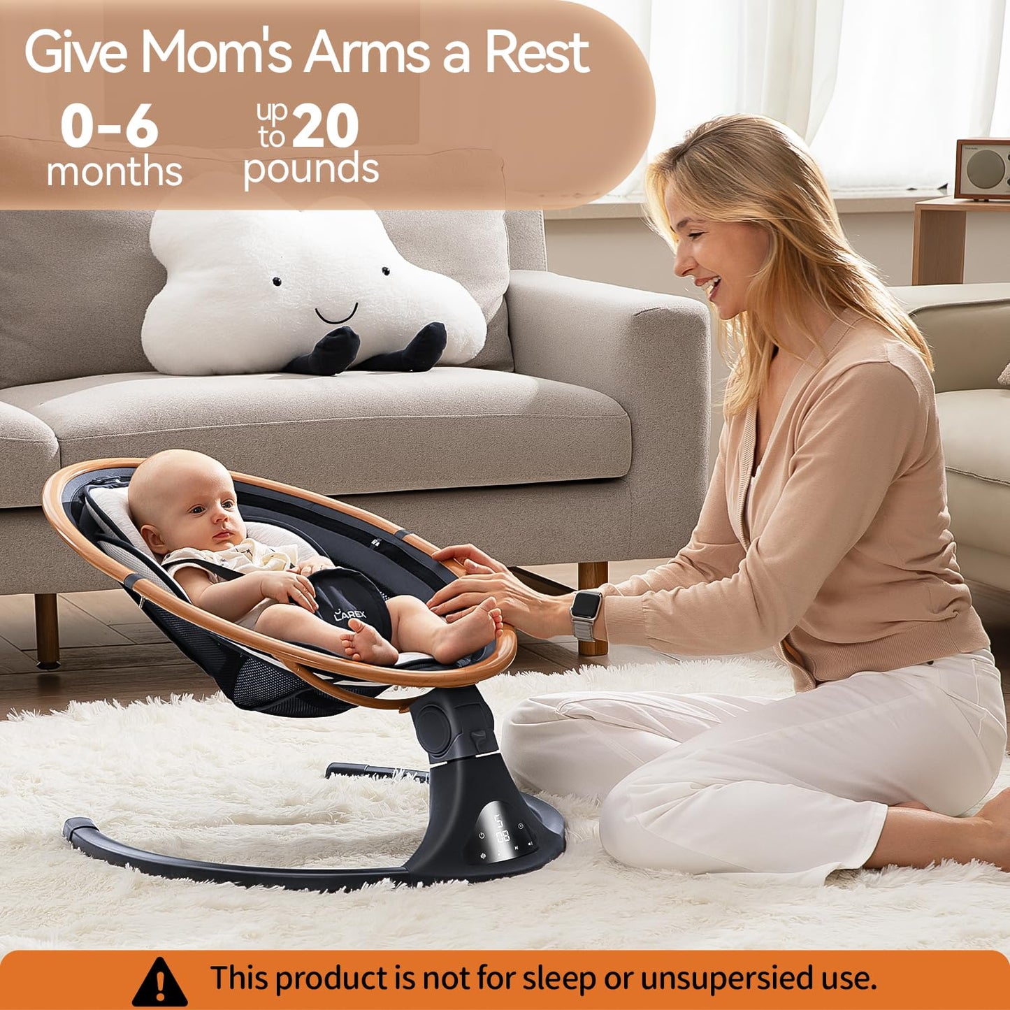LAREX Baby Swing to Toddler Electric Infant Swing Portable for Newborn Boy Girl, 5 Sway Speeds with Remote Control, 12 Preset Melodies and Bluetooth, 0-6 Months Max 20 Lbs(Dark Wood Grain)
