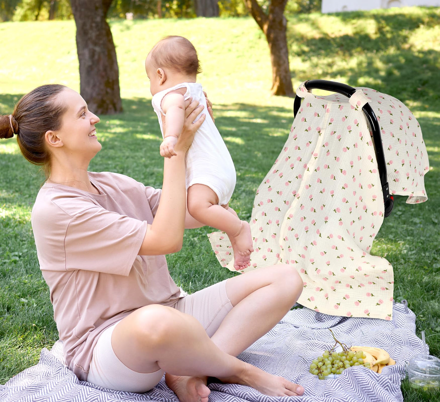 Muslin Car Seat Cover Baby Girls Boys, Summer Cotton Baby Car Seat Cover for Carseat, Comfortable Nursing Cover, Soft Baby Blanket, Breathable Lightweight Infant Stroller Canopy, Rainbow