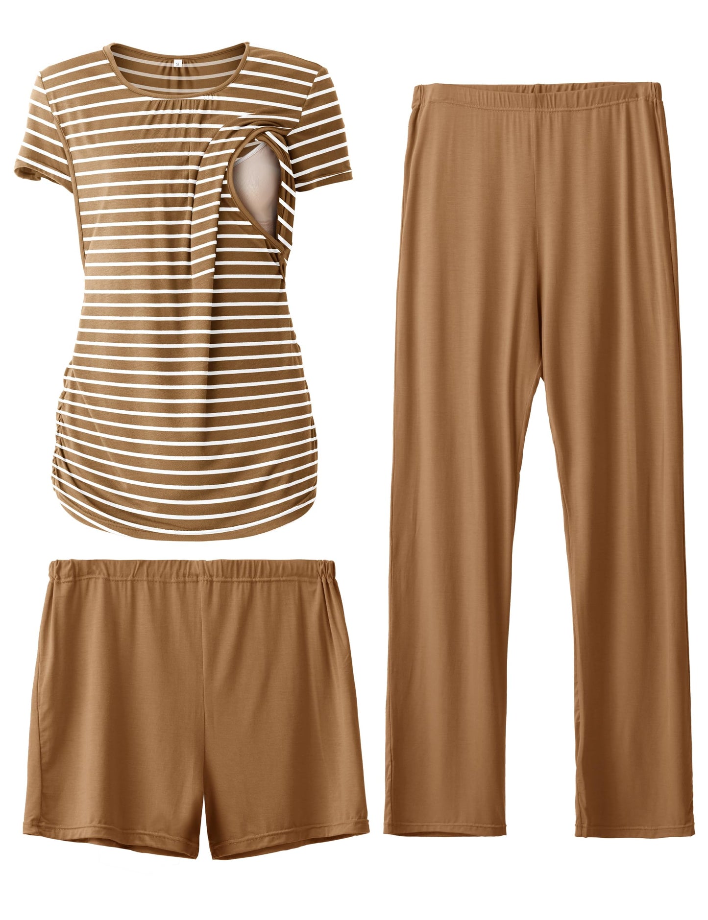 SUNNYBUY Womens Maternity Nursing Pajamas Set, Short Sleeve Breastfeeding Shirts,Pregnancy Shorts & Pants 3 Piece Nursing PJS