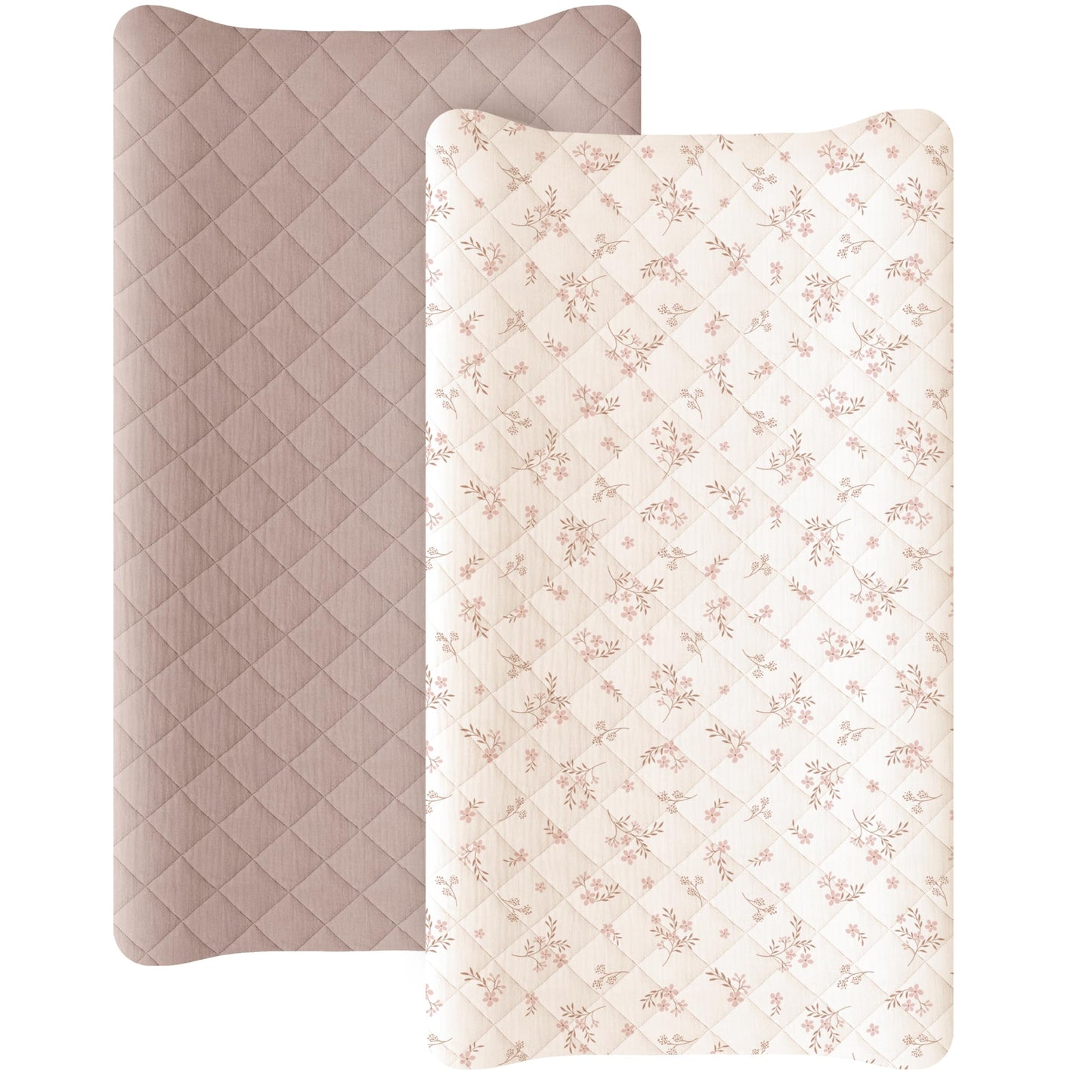 Konssy Waterproof Muslin Changing Pad Cover 2 Pack, Quilted Cotton Fitted Diaper Chang Table Cover, Soft Changing Pad Sheets for Girls Boys (Blossom,Pink)