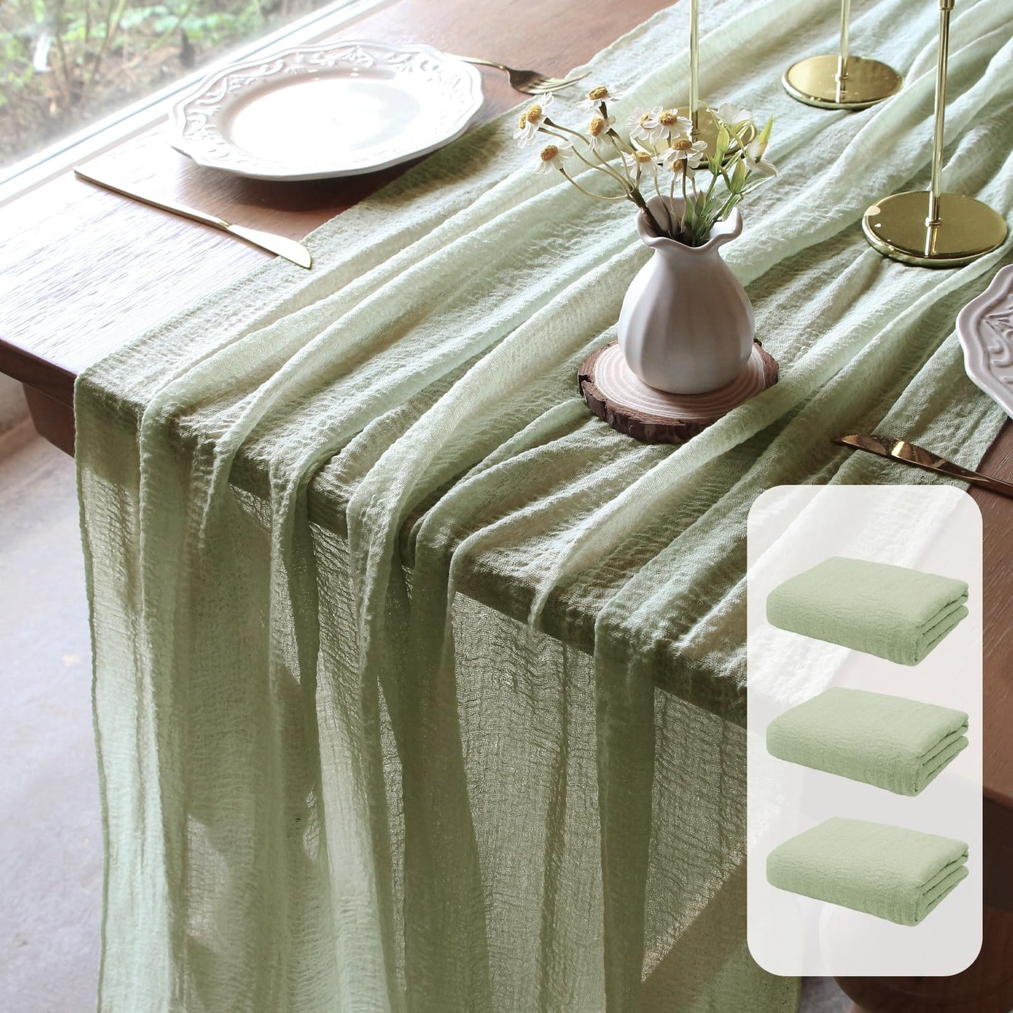 FEXIA Beige Cheesecloth Table Runner 35x120 Inches Ivory Gauze Rustic Boho Spring Easter Table Runner for Engagement Party Decorations Bridal Shower Wedding Party First Communion Centerpiece