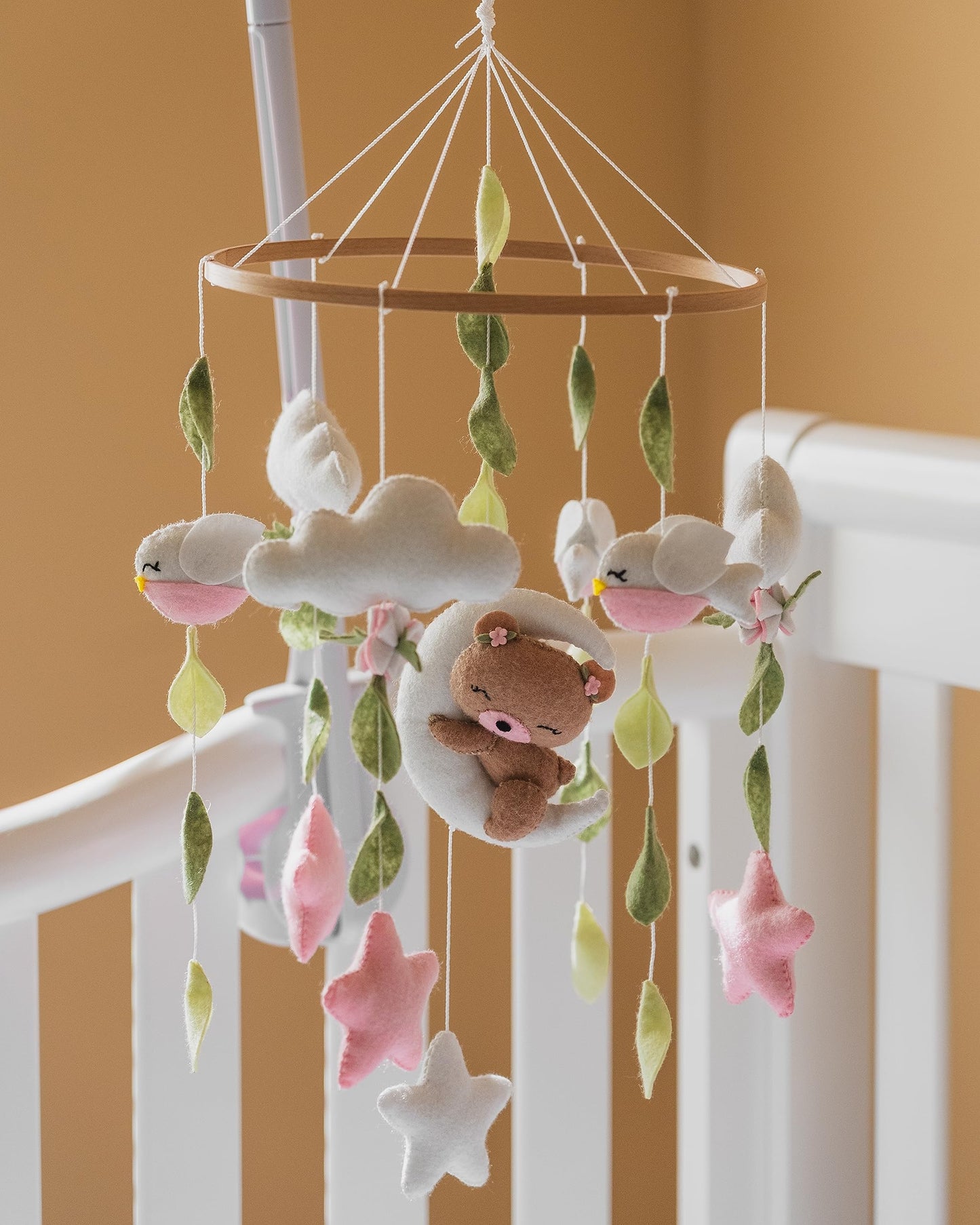 Girl Teddy Bear Mobile for Crib, Felt Ball Mobile Bear Crib Mobile Pink Bear Baby Shower, Gift Baby Nursery Decor Kids Mobile, Bear Stars Bird Mobile Mobile arm is NOT Included