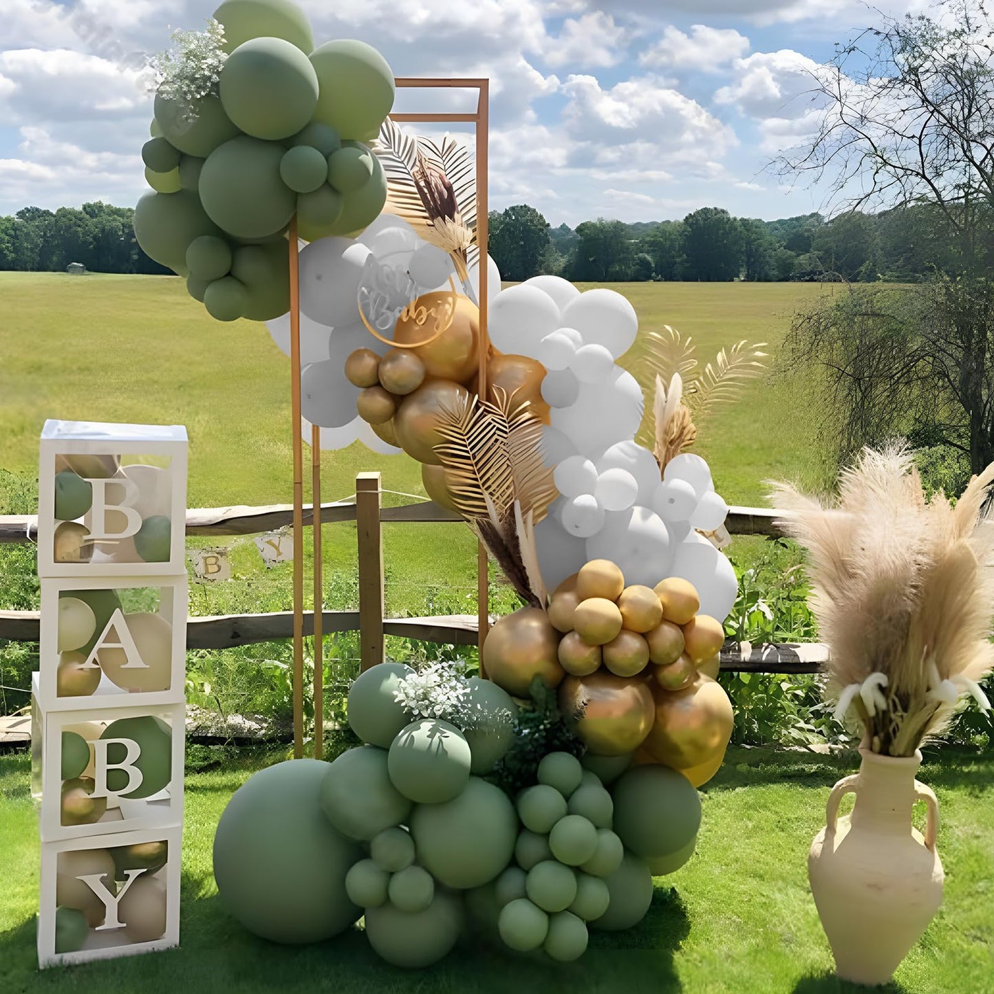 Baby in Bloom Baby Shower Decorations - 116pcs Pink and Sage Green Balloon Arch Kit, BABY in Bloom Backdrop and Baby Boxes with Letters for Pink Floral Baby Shower Decorations for Girl