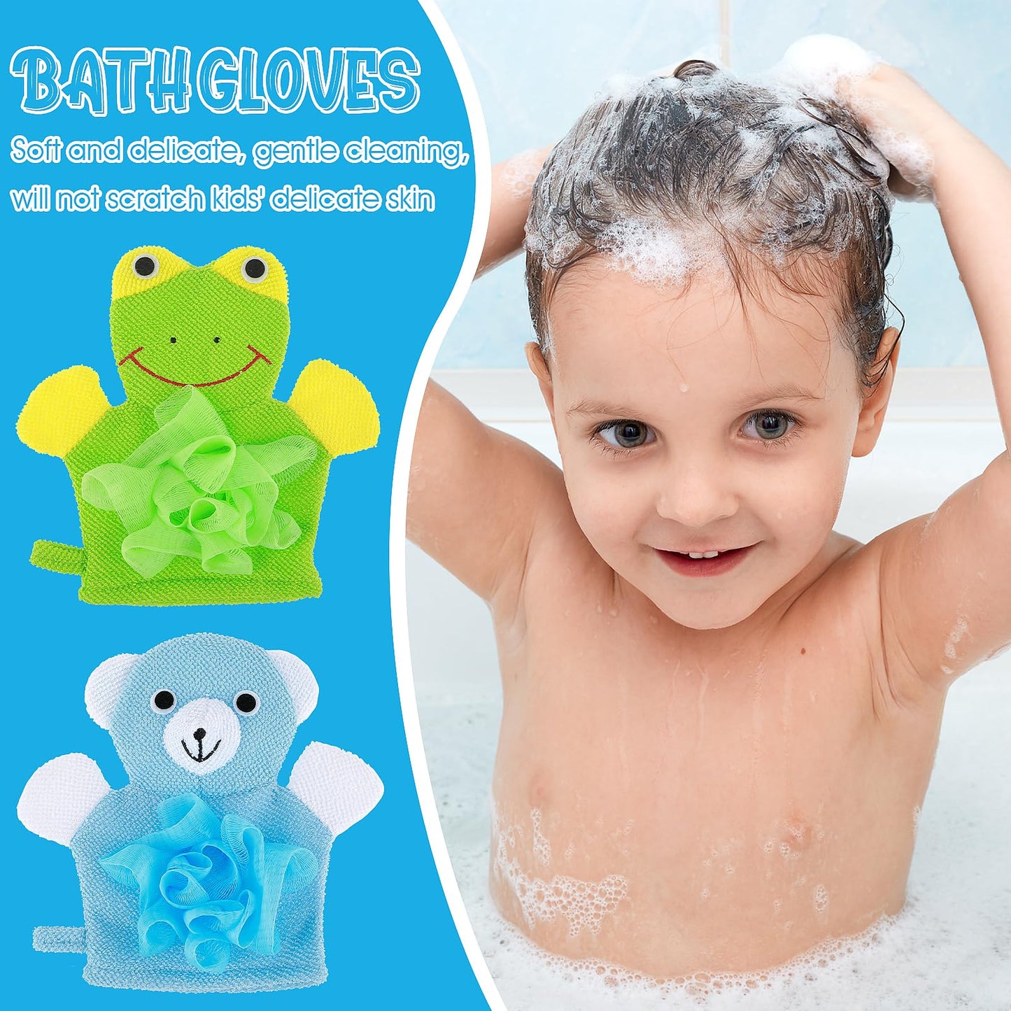 2 Pcs Bath Mitt Washcloths Gloves, Cute Cartoon Exfoliating Glove Body Scrubber, Gentle Soft Scrub Bath Loofahs Sponges for Kids Shower Washing (Pink Rabbit and Yellow Duck)