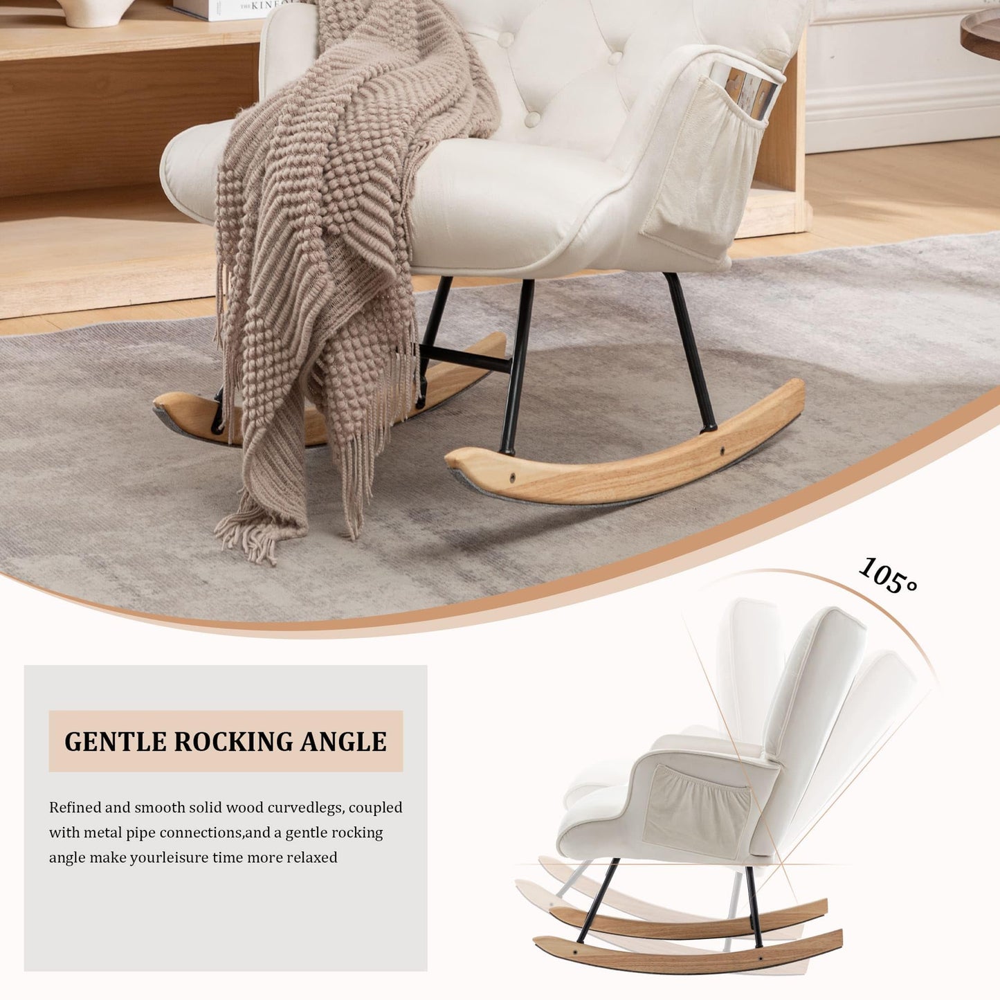 Rocking Chair for Nursery, Comfy Velvet Fabric Glider Rocker, Reading Chair with Support Seating and Side Pockets, Rocking Recliner Chair for Living Room, Bedroom, Balcony, Creamy Beige