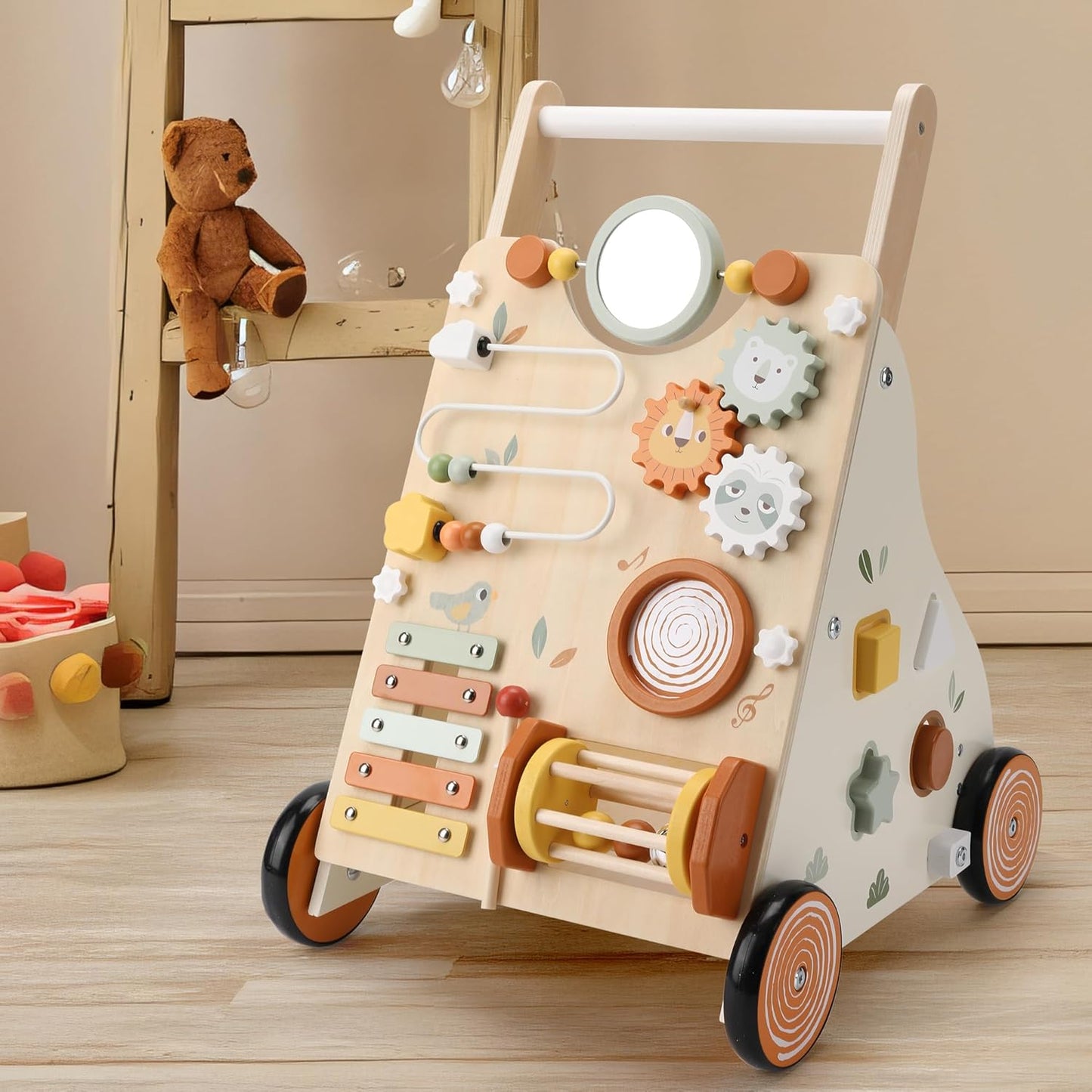 Wooden Baby Walker, Baby Push Walker with Activity Center for Girls Boys, Push Walker Toys for Babies Learning to Walk, Sit-to-Stand, for 10-12 Months 1 2 3 Years Old