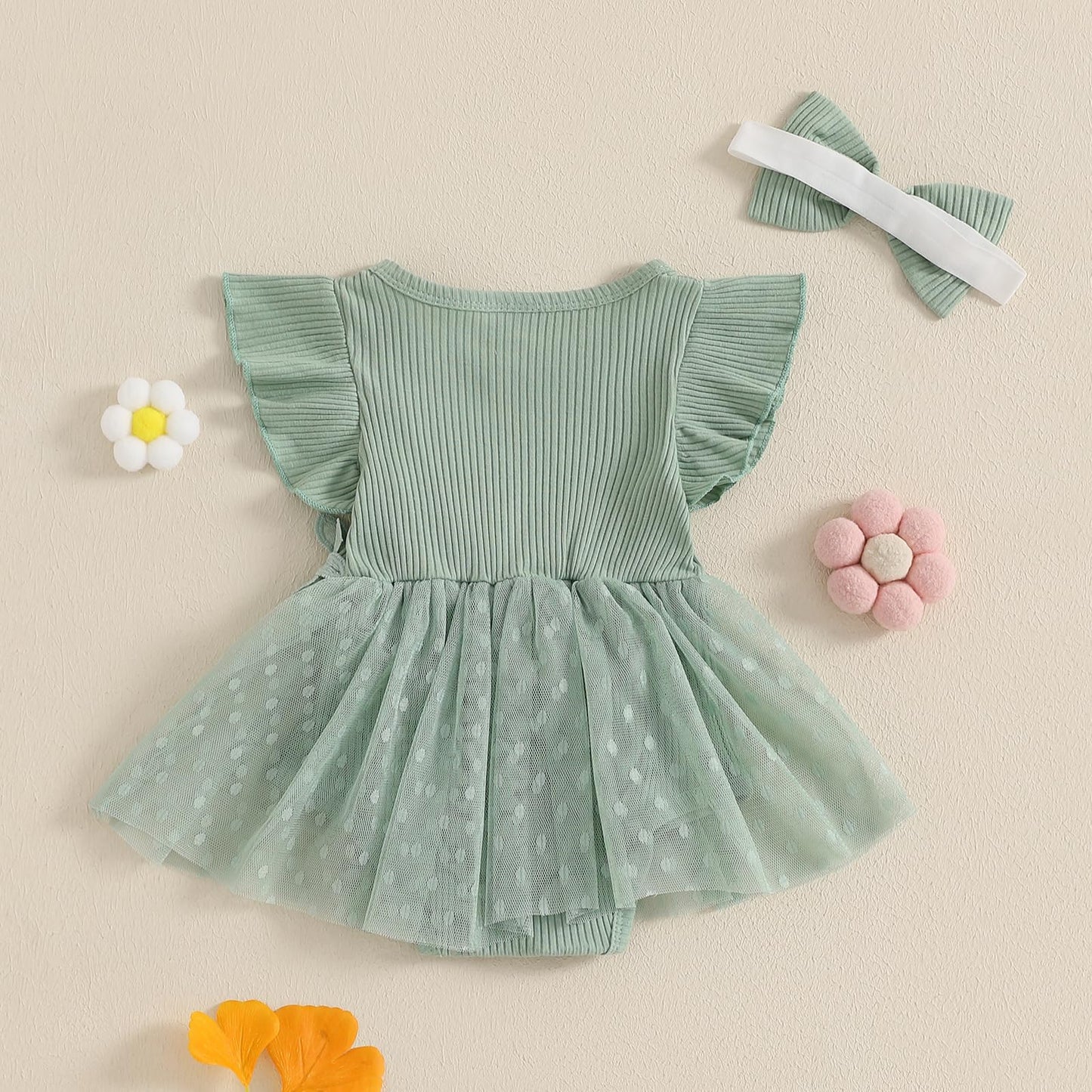 Hnyenmcko Newborn Baby Girl Summer Romper Dress Infant Fly Sleeve Flower Embroidery Mesh Tulle Skirt Hem Ribbed Bodysuit