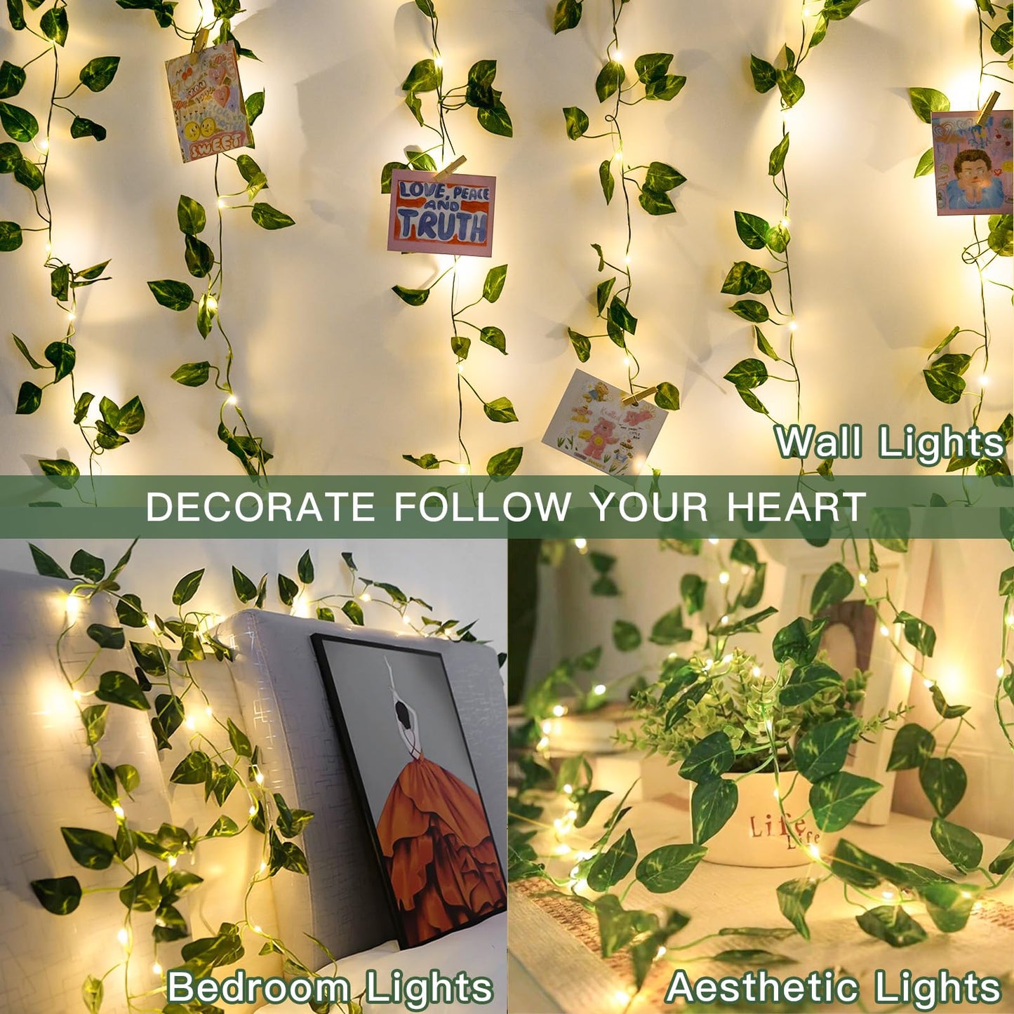 suddus Vine with Fairy Lights Battery Operated, 33ft 100 LED Ivy String Lights with Remote, Leaf Lights for Bedroom, Room, Wall, Garden, Party, Wedding Decor (Warm White)