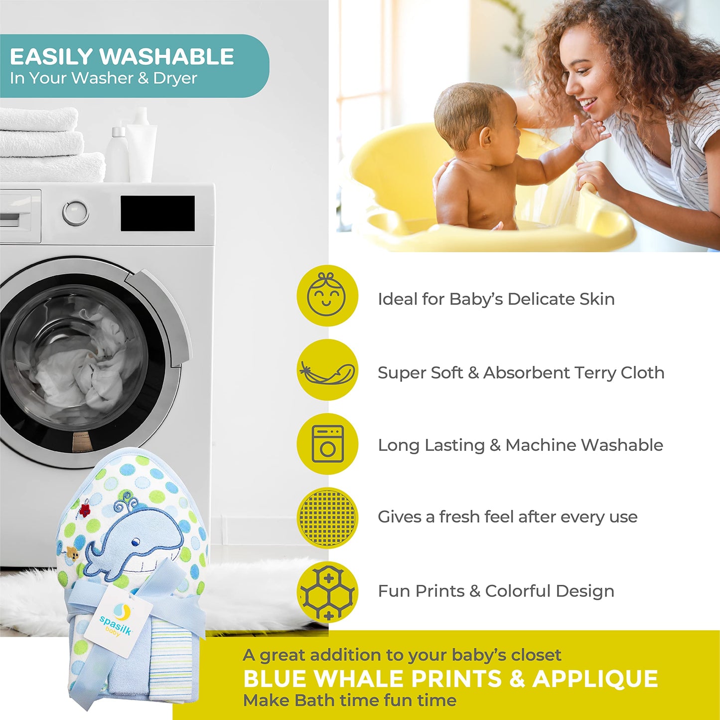 Spasilk Baby Bath Hooded Terry Towel with 3 Washcloths, Baby Bath Essentials, One Size, Blue Whale