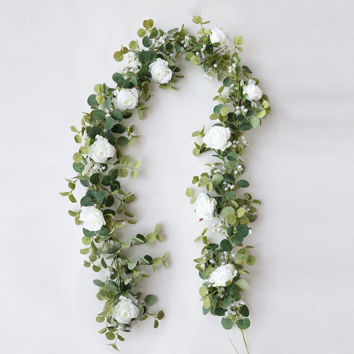 Anna's Whimsy 5.91FT Artificial Eucalyptus Garland with Flowers, Fake Flower Rose Gypsophila, Faux Floral Greenery Garland for Wedding Spring Home Party Craft Art Table Runner Decor