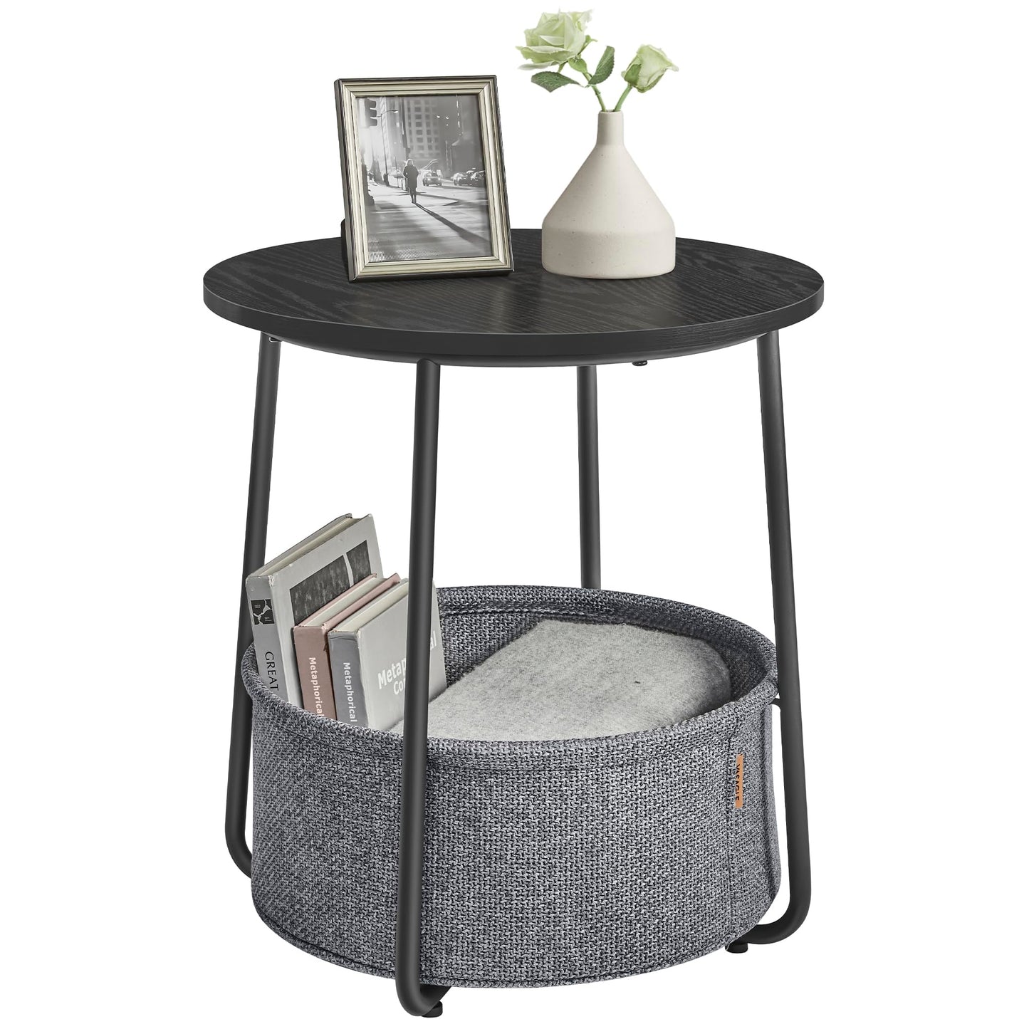 VASAGLE End Table, Small Bedside Table with Fabric Basket, Modern Nightstand, Round Side Table, for Living Room, Bedroom, Matte White and Camel Brown ULET223W10