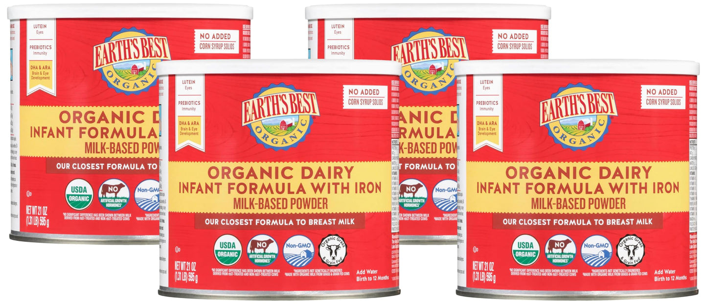 Earth's Best Organic Baby Formula for Babies 0-12 Months, Powdered Dairy Infant Formula with Iron, Omega-3 DHA, and Omega-6 ARA, 32 oz Formula Container