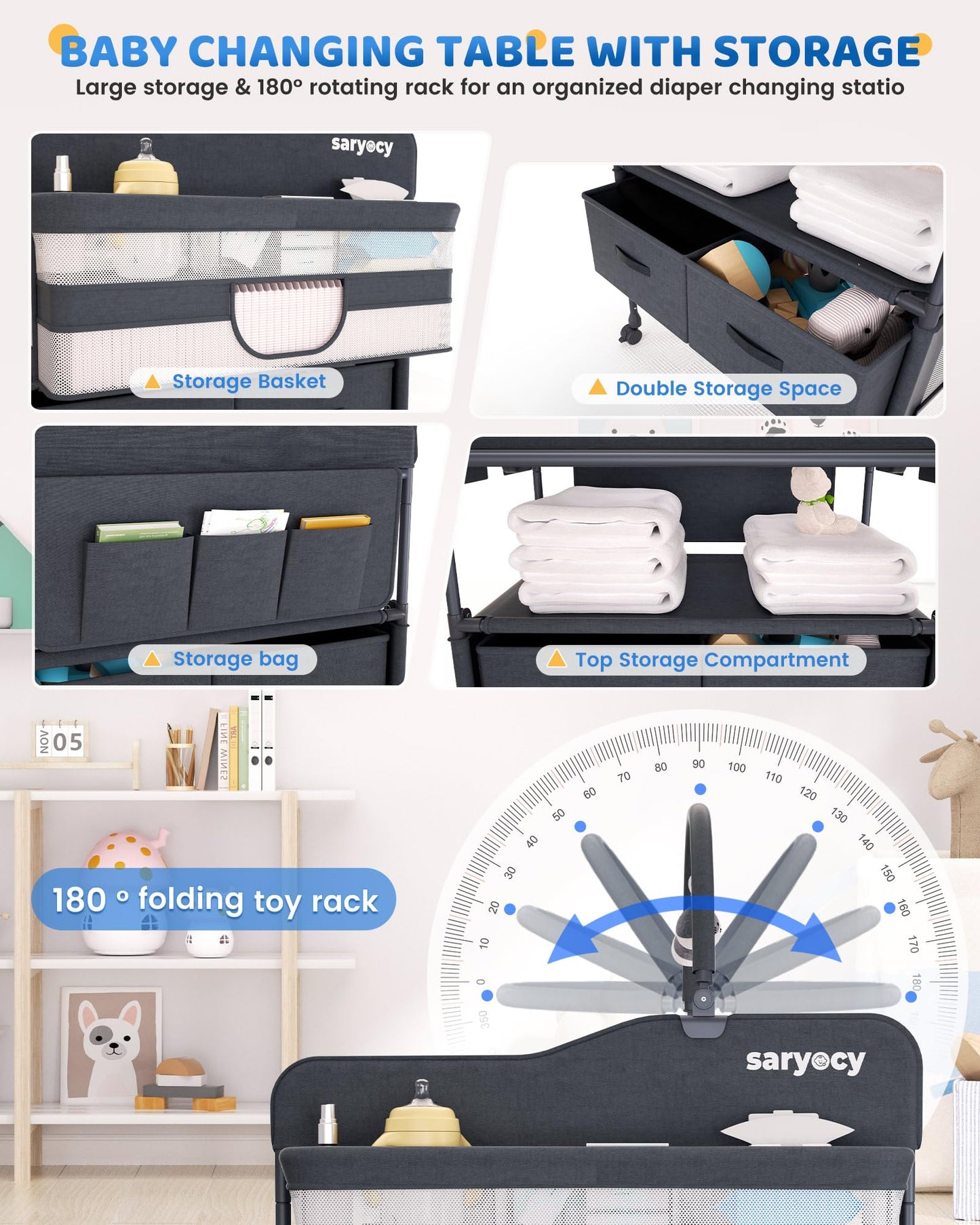 Baby Changing Table, Versatile Folding Changing Table, Waterproof Diaper Changing Station, Adjustable Height with 2 Drawers,Baby Changing Station, Mobile Nursery for Infant and Newborn
