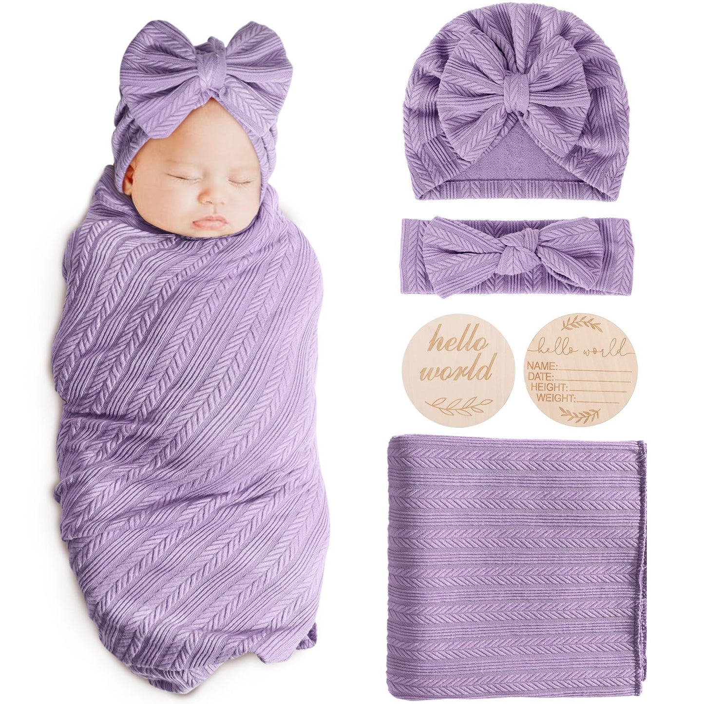 Newborn Receiving Blanket with Bow Hat Mittens Wooden Card Set Wheat-Pattern Newborns Toddler Baby Boy Girl Nursery Swaddle Wrap