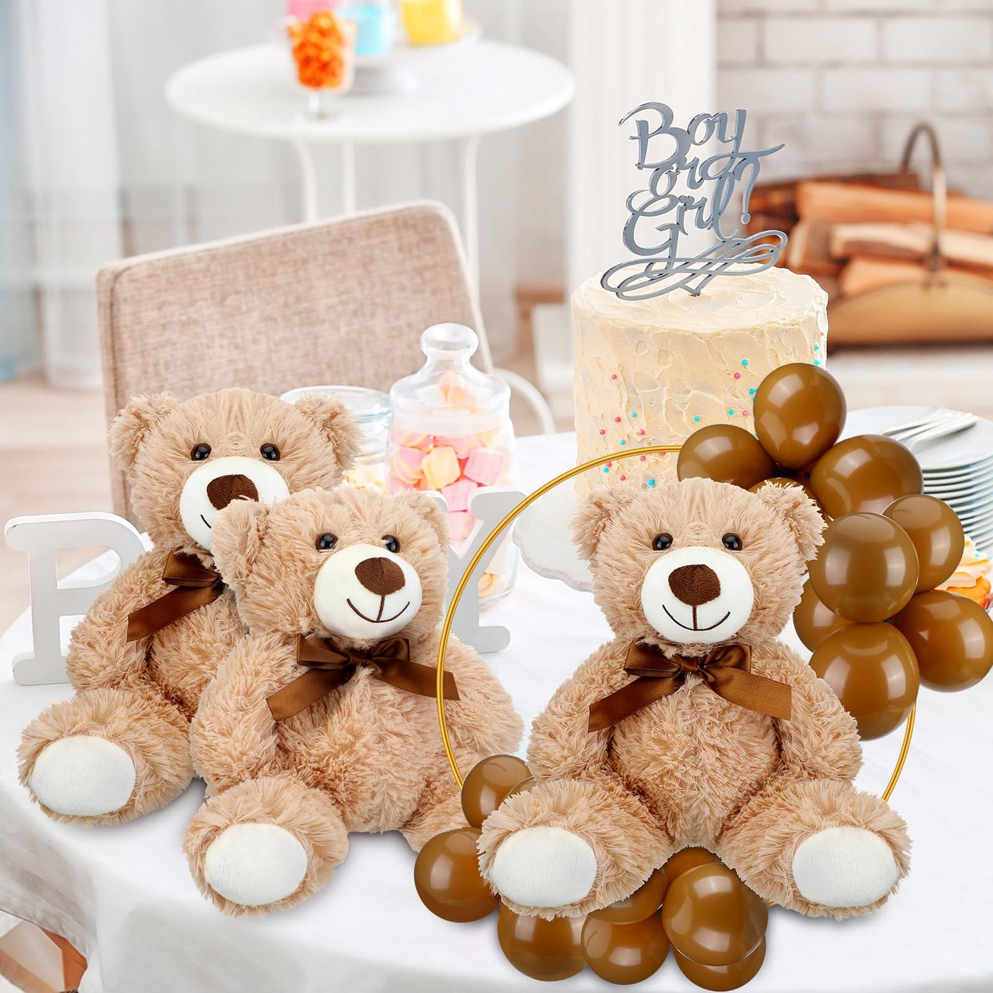 6 Sets Bear Baby Shower Table Centerpieces Bear Stuffed Animals 12 Inch Metal Floral Hoop with Stand Balloon for Wedding Baby Shower Birthday Flowers Table Decorations(Brown)