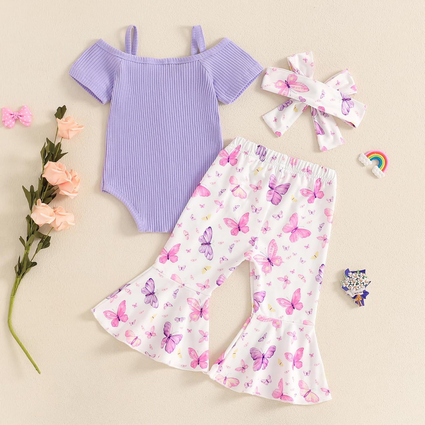 Fernvia Infant Baby Girl Clothes Suspenders Short Sleeve Ribbed Romper Flared Pants Set Headband 3pcs Summer Outfit