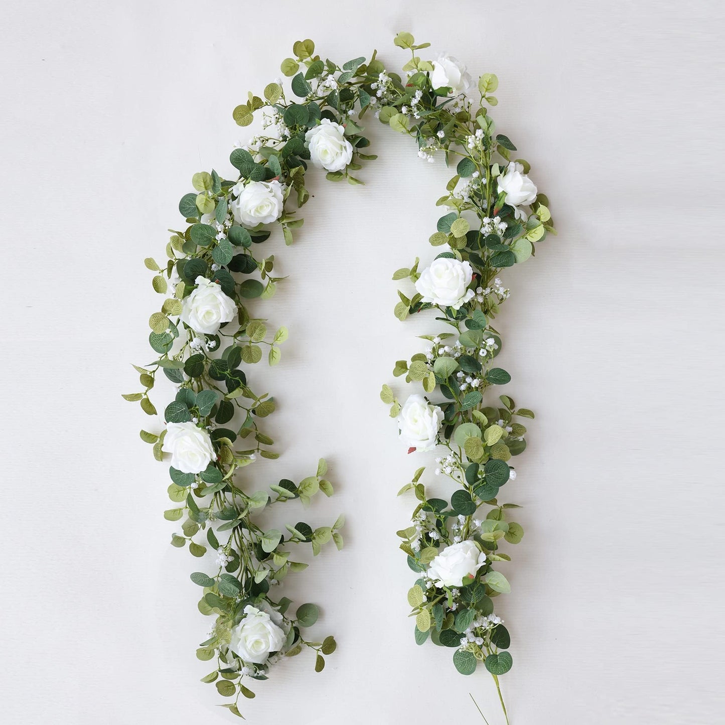 Anna's Whimsy 5.91FT Artificial Eucalyptus Garland with Flowers, Fake Flower Rose Gypsophila, Faux Floral Greenery Garland for Wedding Spring Home Party Craft Art Table Runner Decor