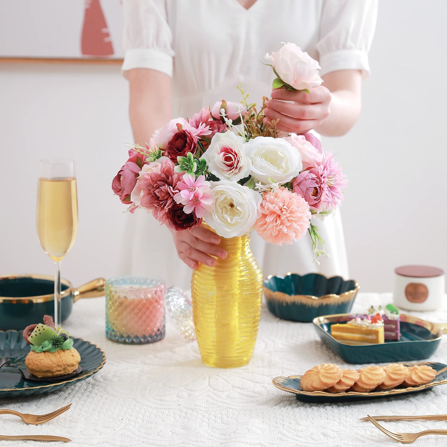 Artificial Flowers Combo, Fake Flowers for DIY Tables Centerpieces Baby Shower Bridal Shower Wedding Bouquet Arrangements Party Candle Holder Cake Decor Flower Home Decorations