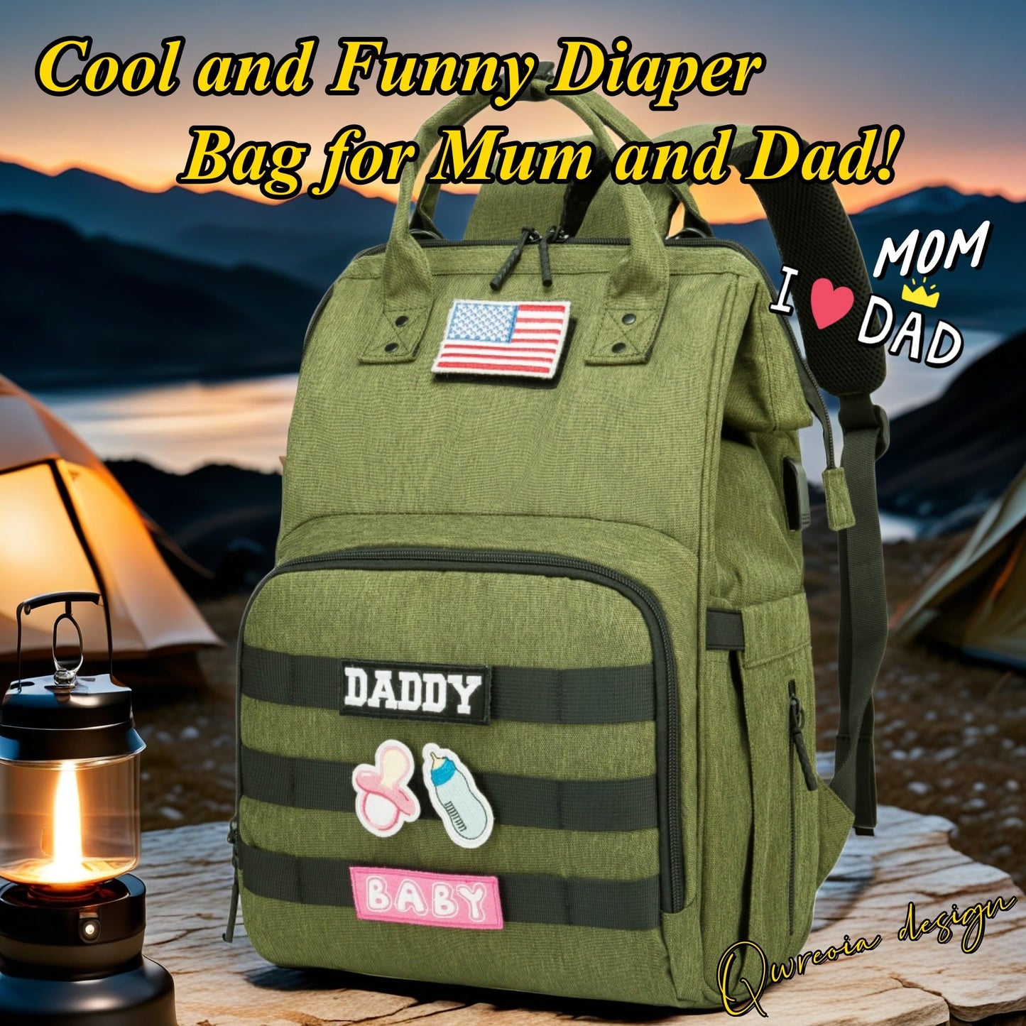 Diaper Bag Backpack for Dad and Mom with USB Charging Port Stroller Straps and Insulated Pocket,army military Travel Nappy Backpack for Daddy/Mommy (Black)