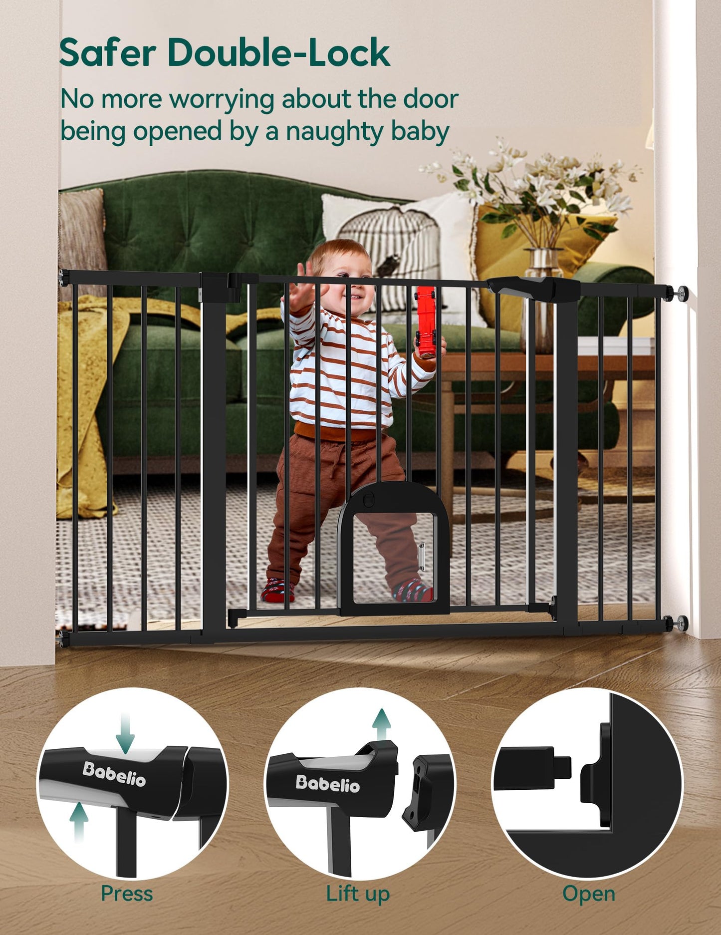 Babelio Upgraded Baby Gate with Cat Door, 29-43" Auto Close Durable Dog Gate for Stairs, Doorways and House, Easy Walk Thru Safety Gate with Pet Door Includes 4 Wall Cups, Black