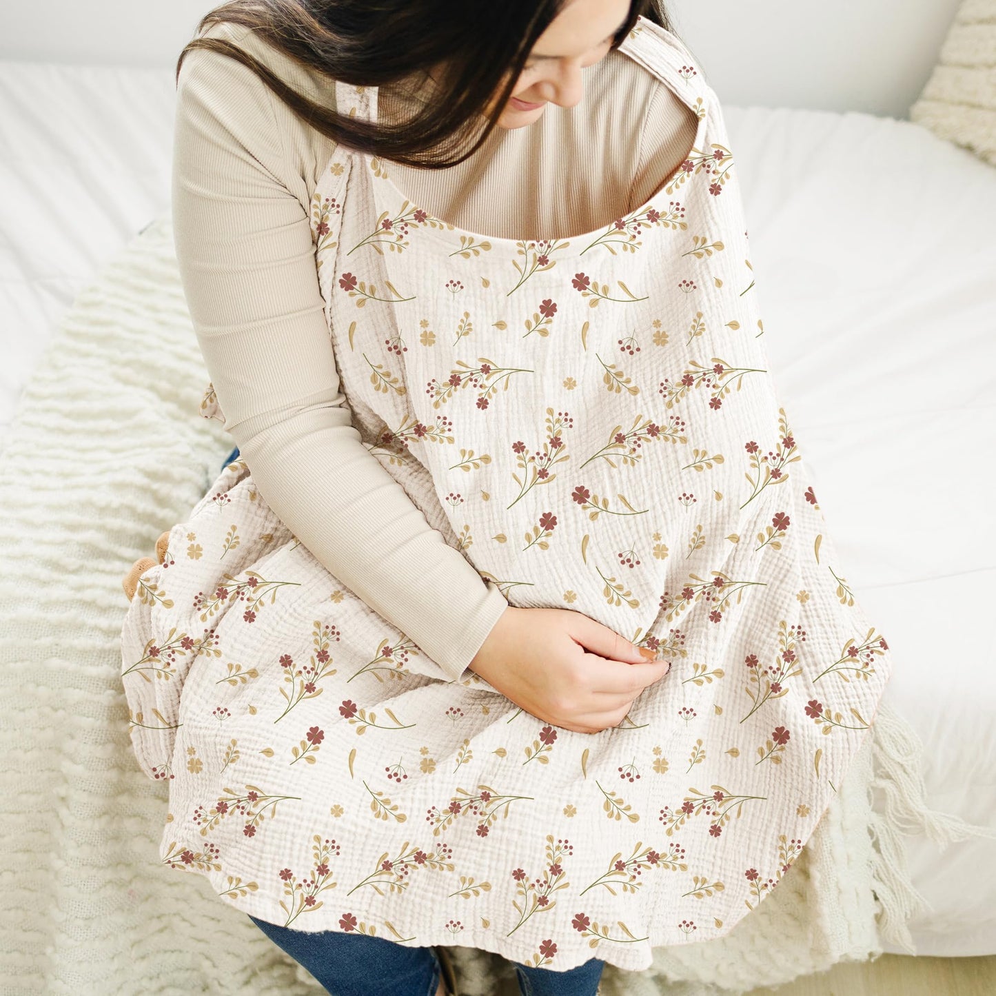 Konssy Muslin Nursing Cover for Baby Breastfeeding, Breathable 100% Cotton Breastfeeding Cover with Rigid Hoop for Mother Nursing Apron, Multi-use Carseat Canopy (Summer Wheat)