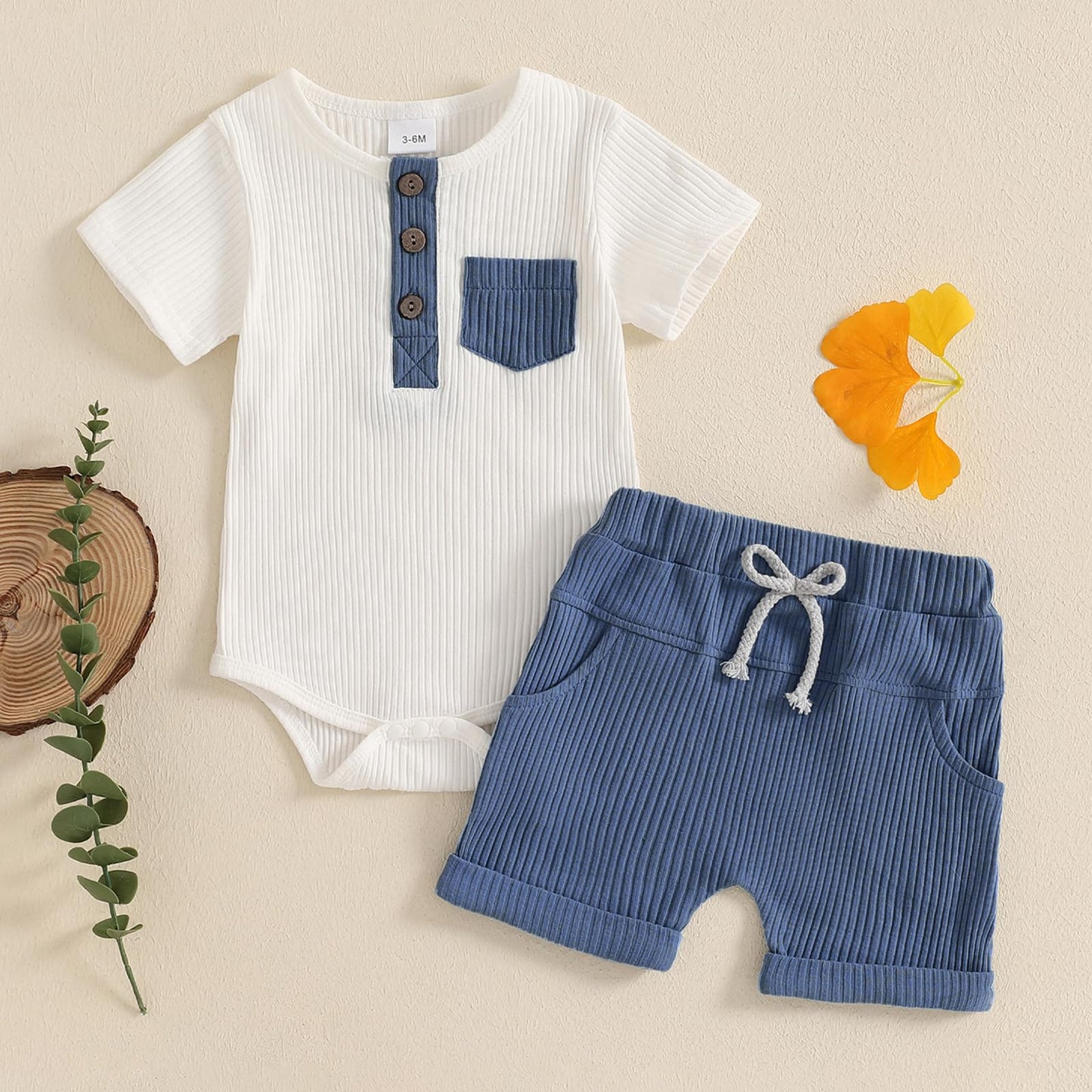 fhutpw Baby Boy Clothes Short Sleeve Romper & Shorts Sets Newborn 3 6 12 Months Summer Knitted Ribbed Splicing Color Outfits