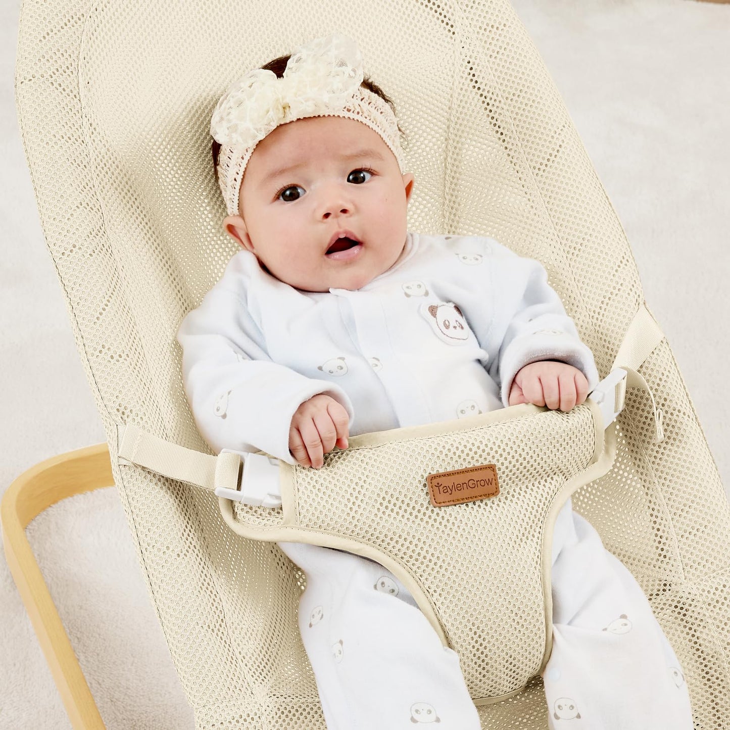 Foldable Baby Bouncer, Baby Seat with 3 Adjustable Heights, Portable Newborn Rocker, Ergonomic Bouncy Seat for Natural Bounce, Bouncer for Babies 0-6 Months, Soft Cotton (Beige)