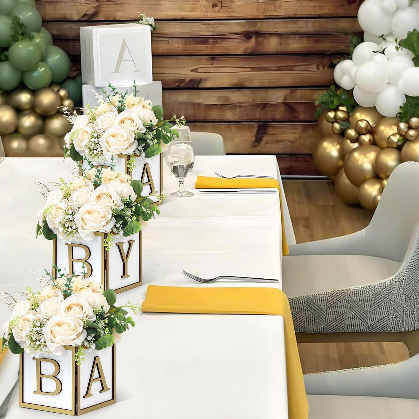4 Set Baby Shower Centerpieces for Tables - 6 inch Wooden Boxes with Baby Letters Rustic Cube Planter Wood Blocks for Boy Girl Gender Reveal Party Favor (Blue)