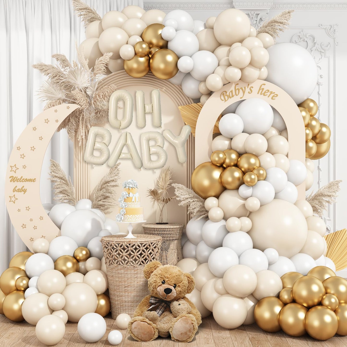 Sage Green Baby Shower Decorations,Boho Greency Neutral Balloon Arch with Oh Baby Balloon Banner Green Gold Balloons For Boy Girl Woodland Baby Shower Birthday Party Supplies