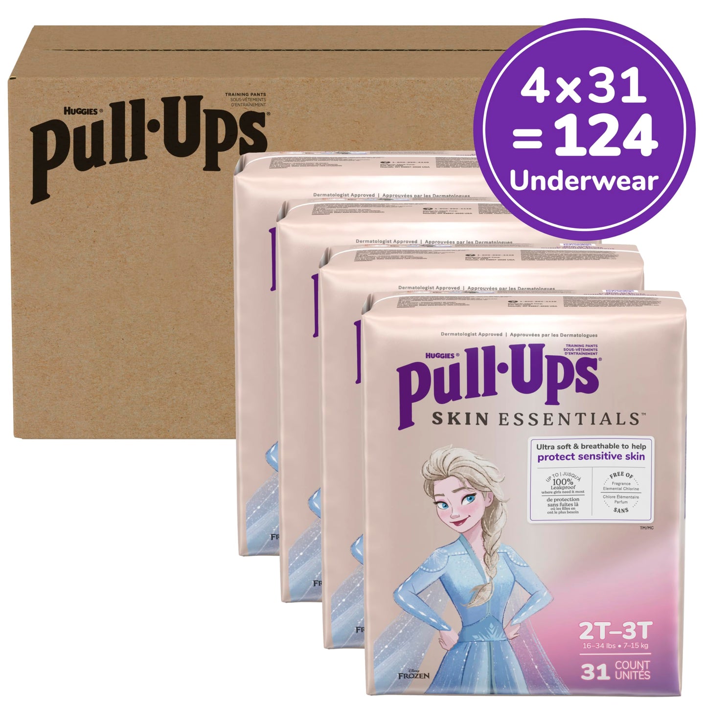 Pull-Ups Girls' Skin Essentials Potty Training Pants, Training Underwear, 2T-3T (16-34 lbs), 124 Ct (4 Packs of 31)