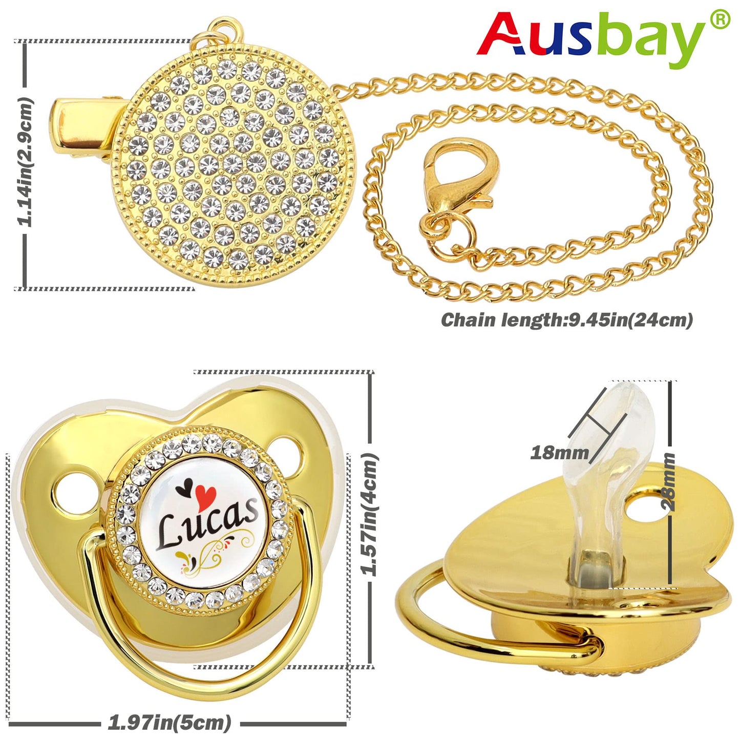 Personalized Pacifier Set with Name, BPA Free, Bling Gold Silver Pink Rose Gold Luxurious Ideal Gift for Newborns (Gold)
