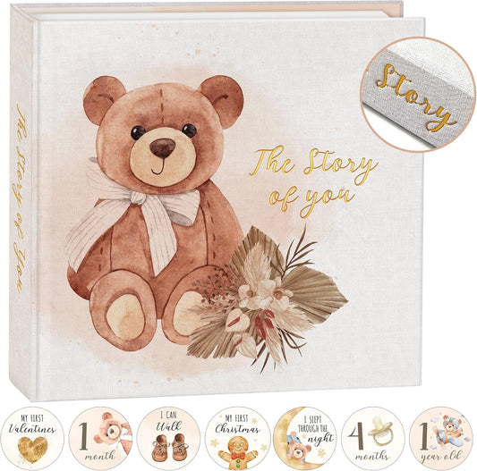 Elegant Design Baby Memory Book for Boy or Girl, Baby 5 Years Journal with Keepsake Sleeve, First Time Mom must have with 24 Baby Milestone Stickers, Scrapbook or Photo Album.