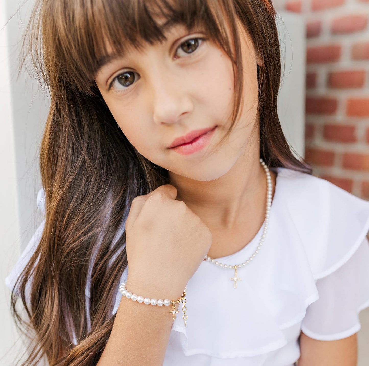 Children's 14K Gold Plated or Sterling Silver Cross Bracelet with Simulated Pearls for Girls First Communion, Baptism, Christening or Dedication Gift