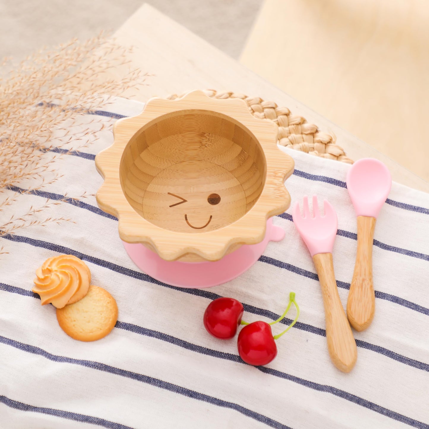 Bamboo Suction Plates Bowls Set for Baby Toddler Divided Platter Food bowl with Silicone Fork & Spoon All-Natural Baby Feeding Set for Baby-Led Weaning, Non-Slip Design